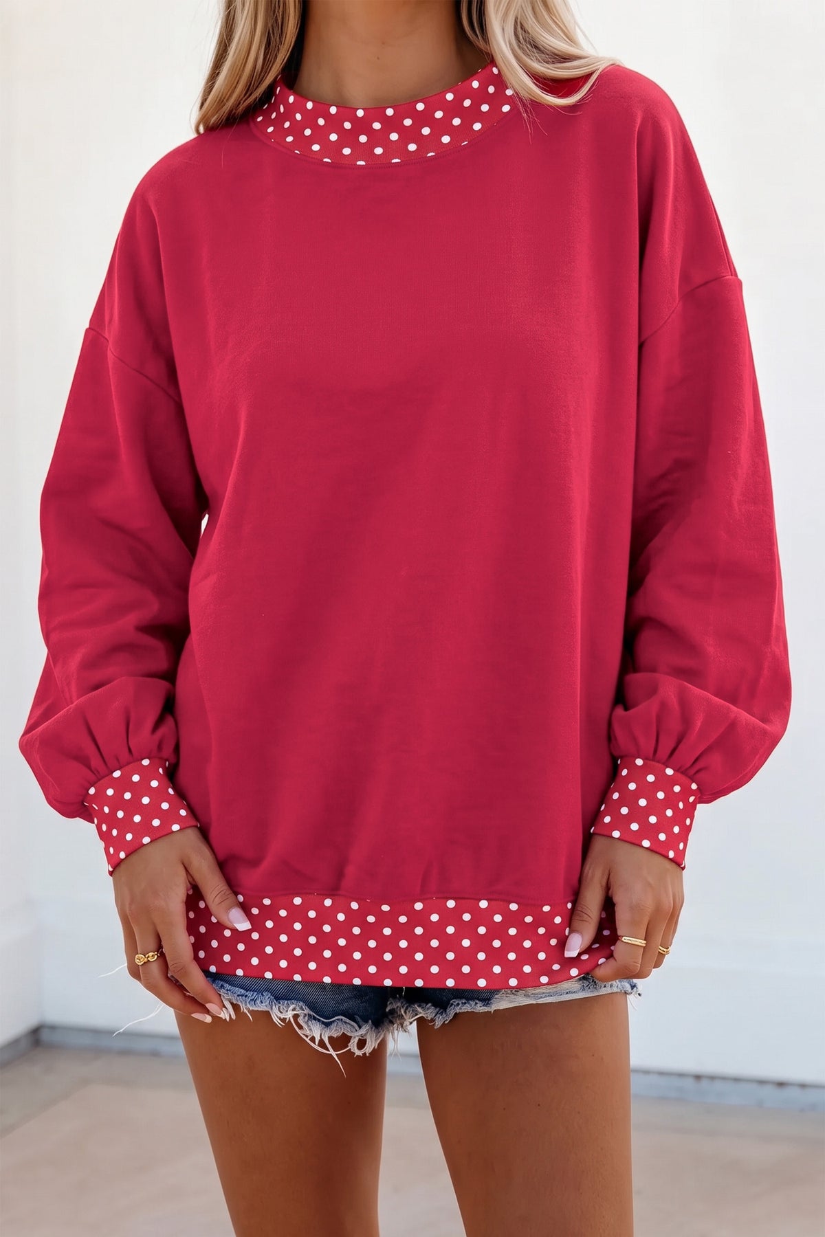 Dirty blue Colorblock Polka Dot Contrast Trim Oversized Sweatshirt