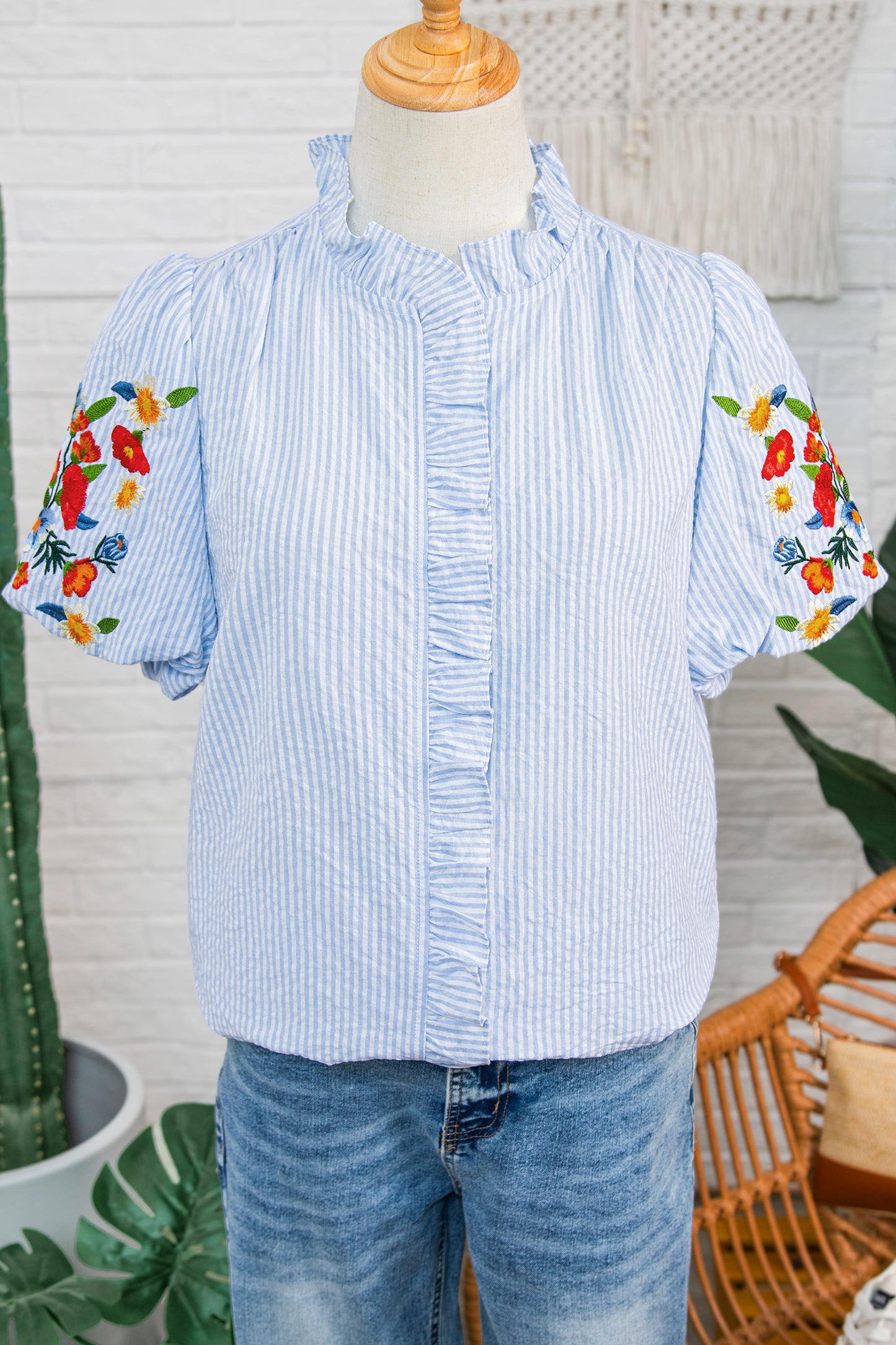 Sky Blue Stripe Floral Embroidered Puff Sleeve Ruffle Trim Shirt
