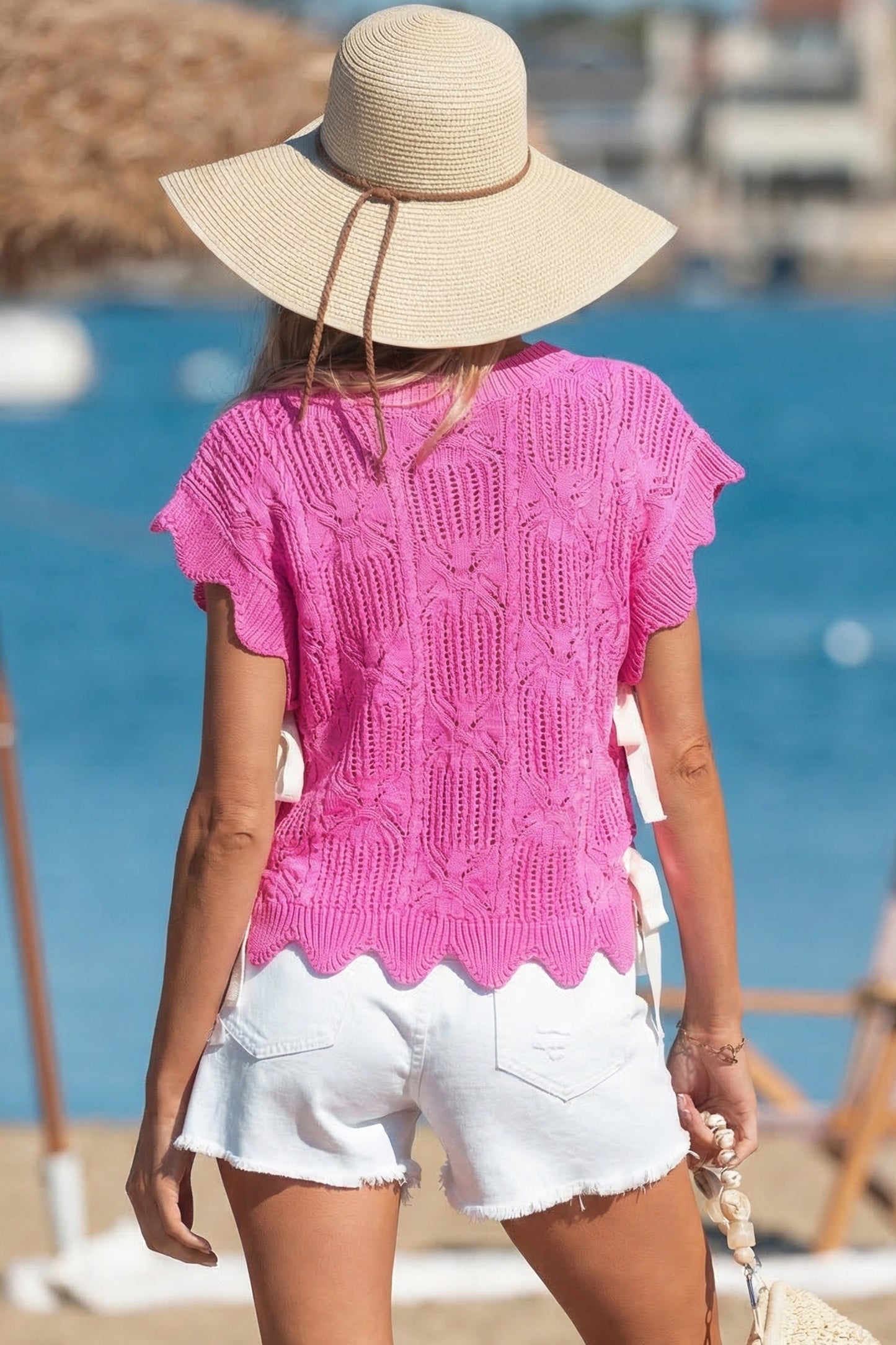 Beau Blue Pointelle Knit Patterned Scalloped Trim Short Sleeve Sweater