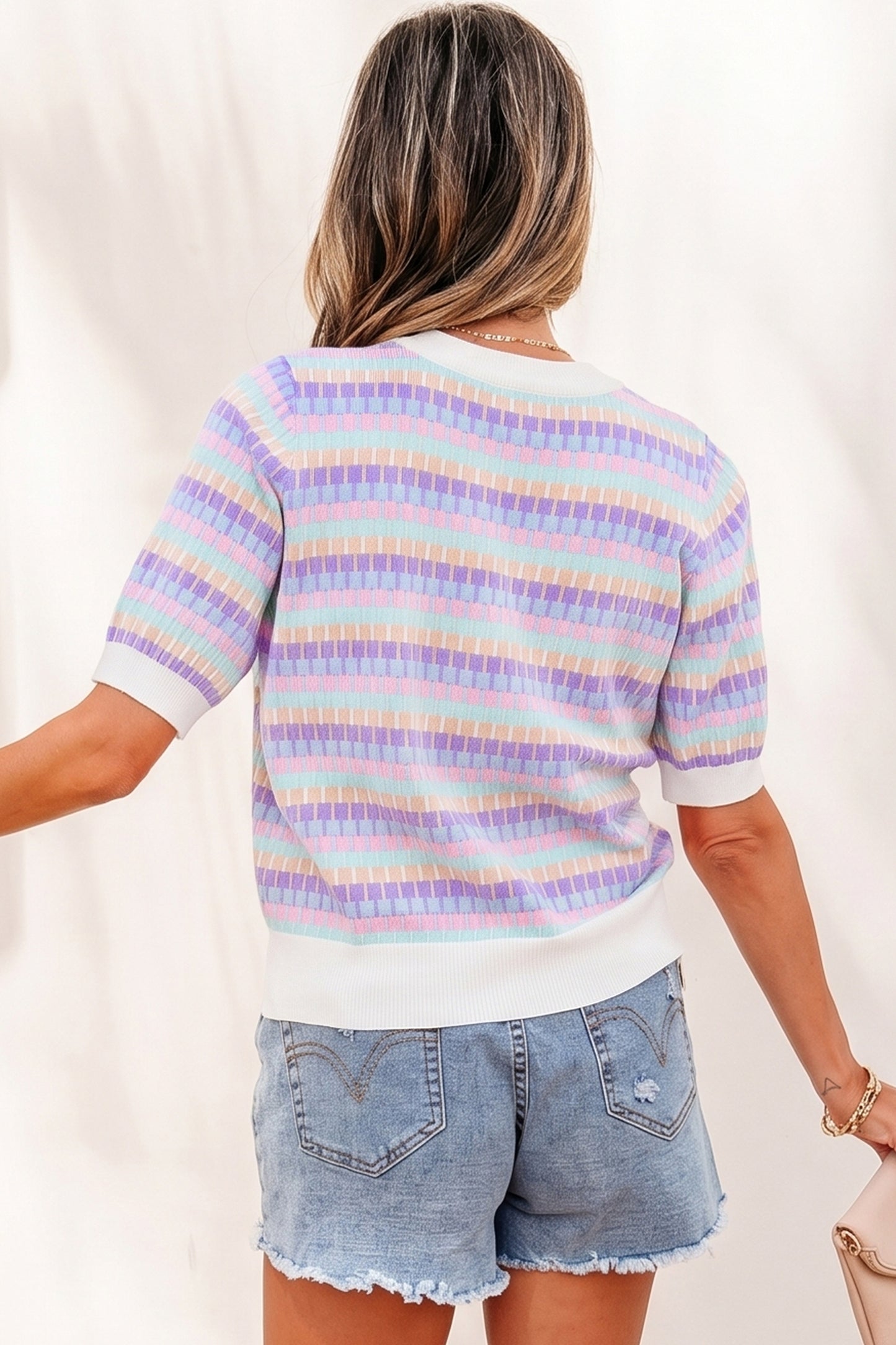 Rose Red Abstract Striped Knit Short Sleeve Sweater