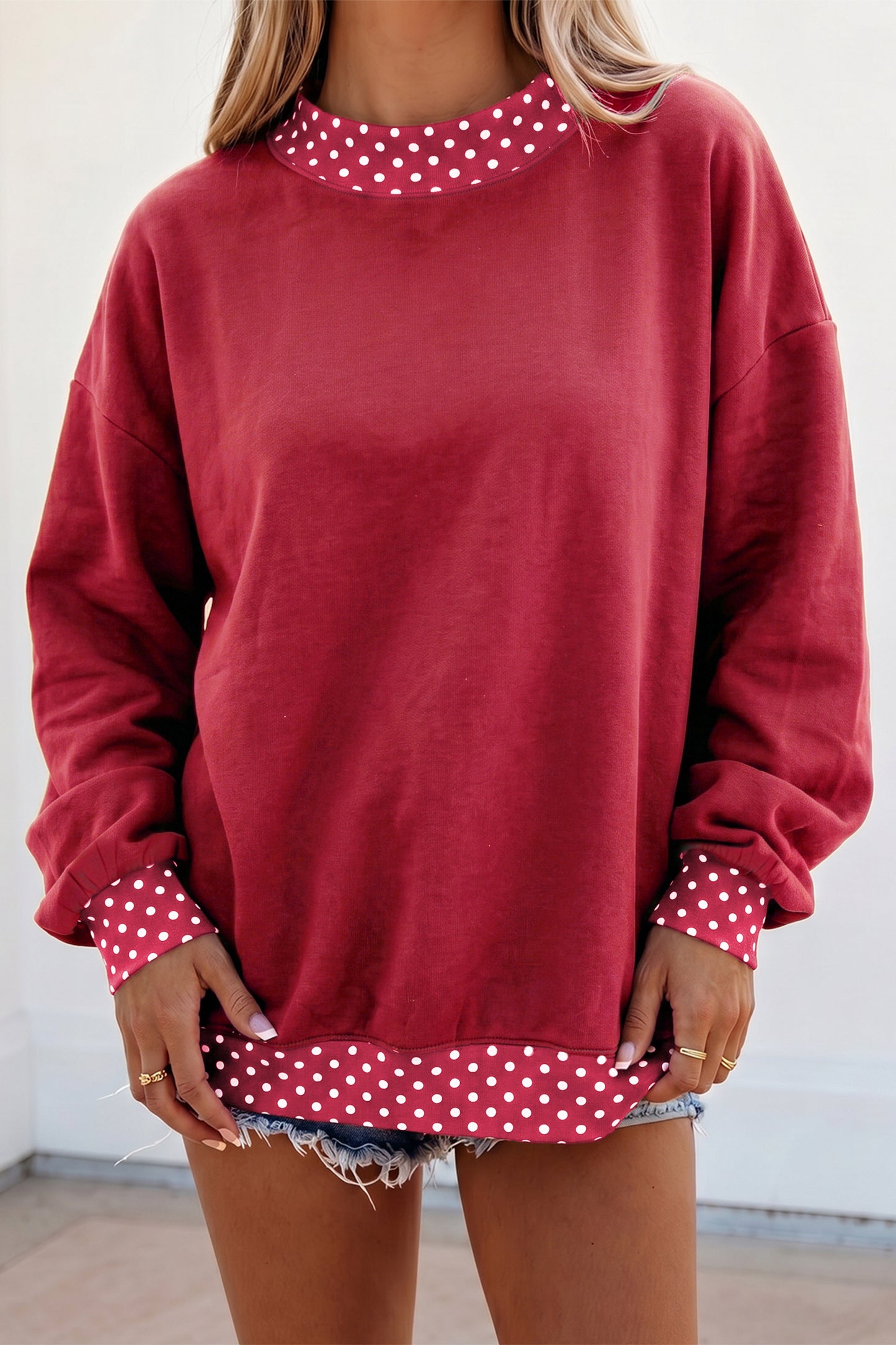 Dirty blue Colorblock Polka Dot Contrast Trim Oversized Sweatshirt
