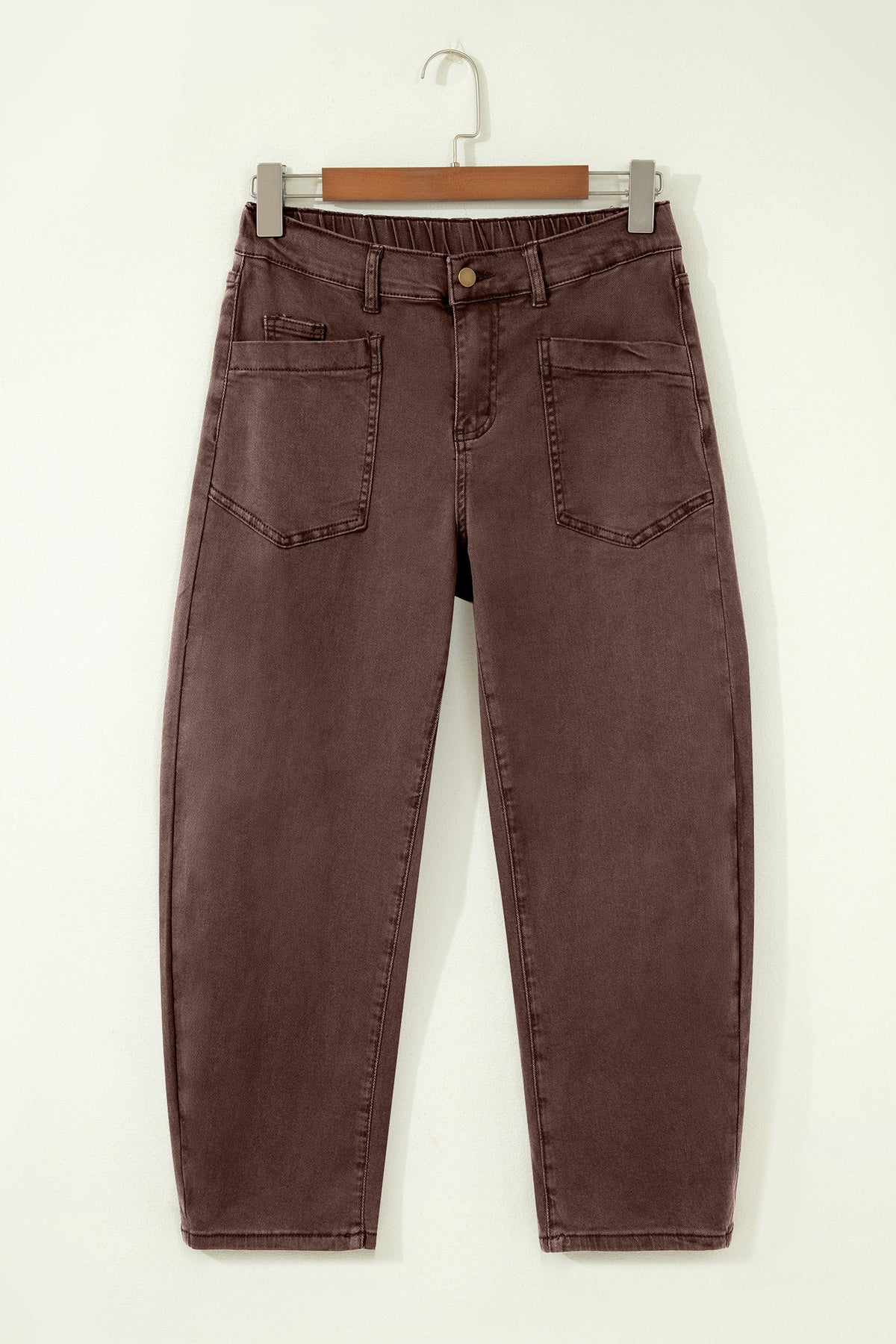 Four Leaf Clover Solid Color Square Patch Pocket Ankle-length Barrel Jeans