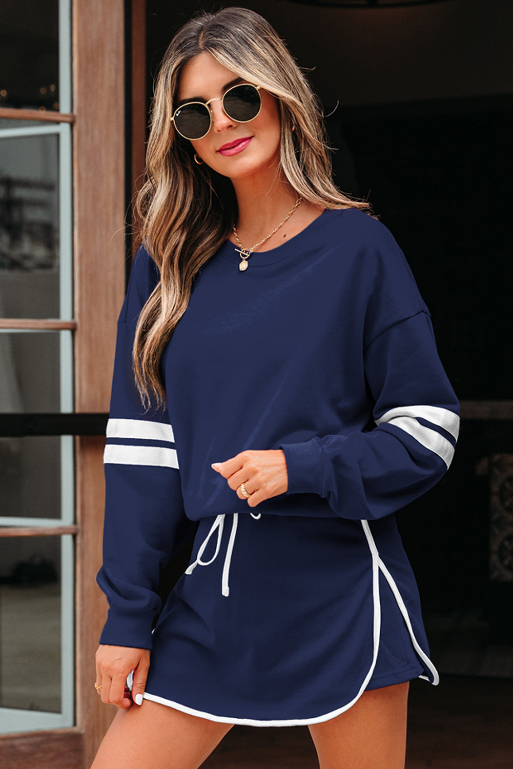 Sky Blue Varsity Stripe Detail Drop Shoulder Pullover Mini Skort Set