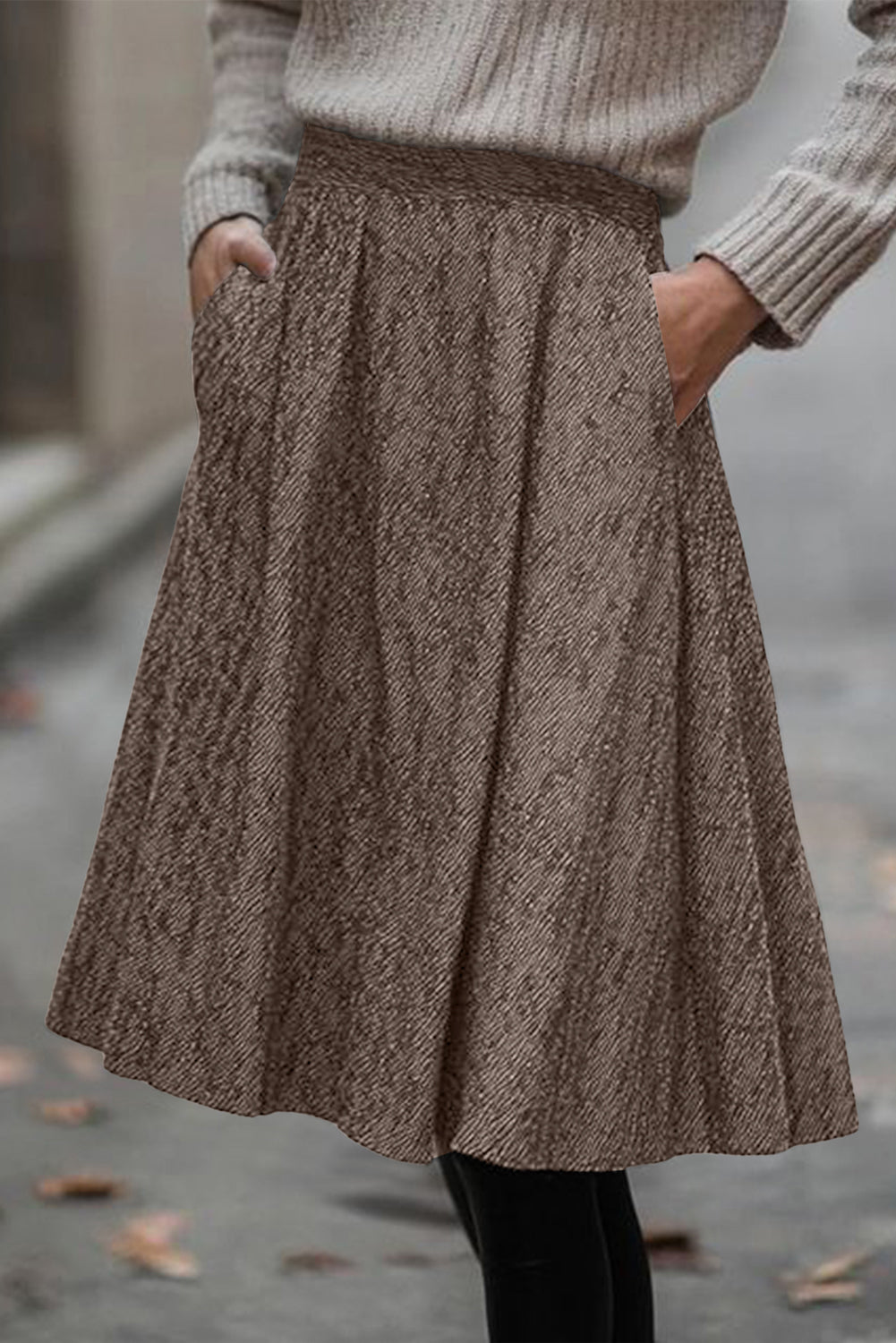 Brown Solid Color Textured Pleated Midi Skirt