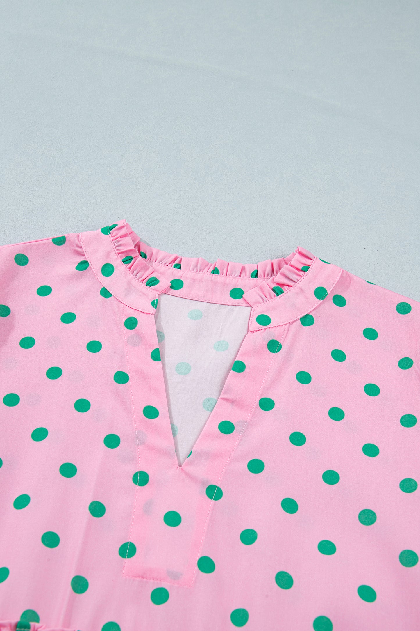 Pink Polka Dot Print V Neck Short Sleeve Tiered Mini Dress