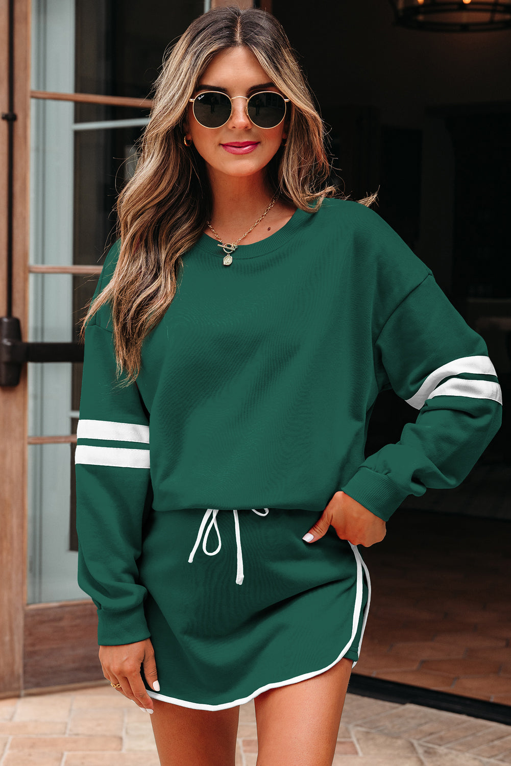 Sky Blue Varsity Stripe Detail Drop Shoulder Pullover Mini Skort Set