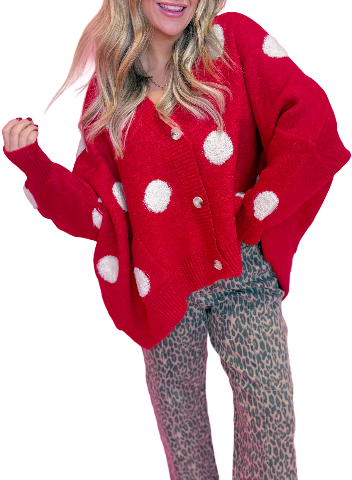 Beige Polka Dot Button Front Oversized V Neck Cardigan