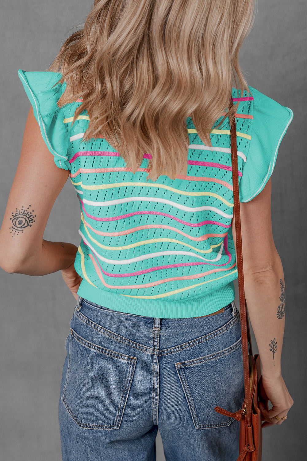 Oatmeal Colorful Striped Eyelet Knit Ruffled Sleeve Sweater T Shirt