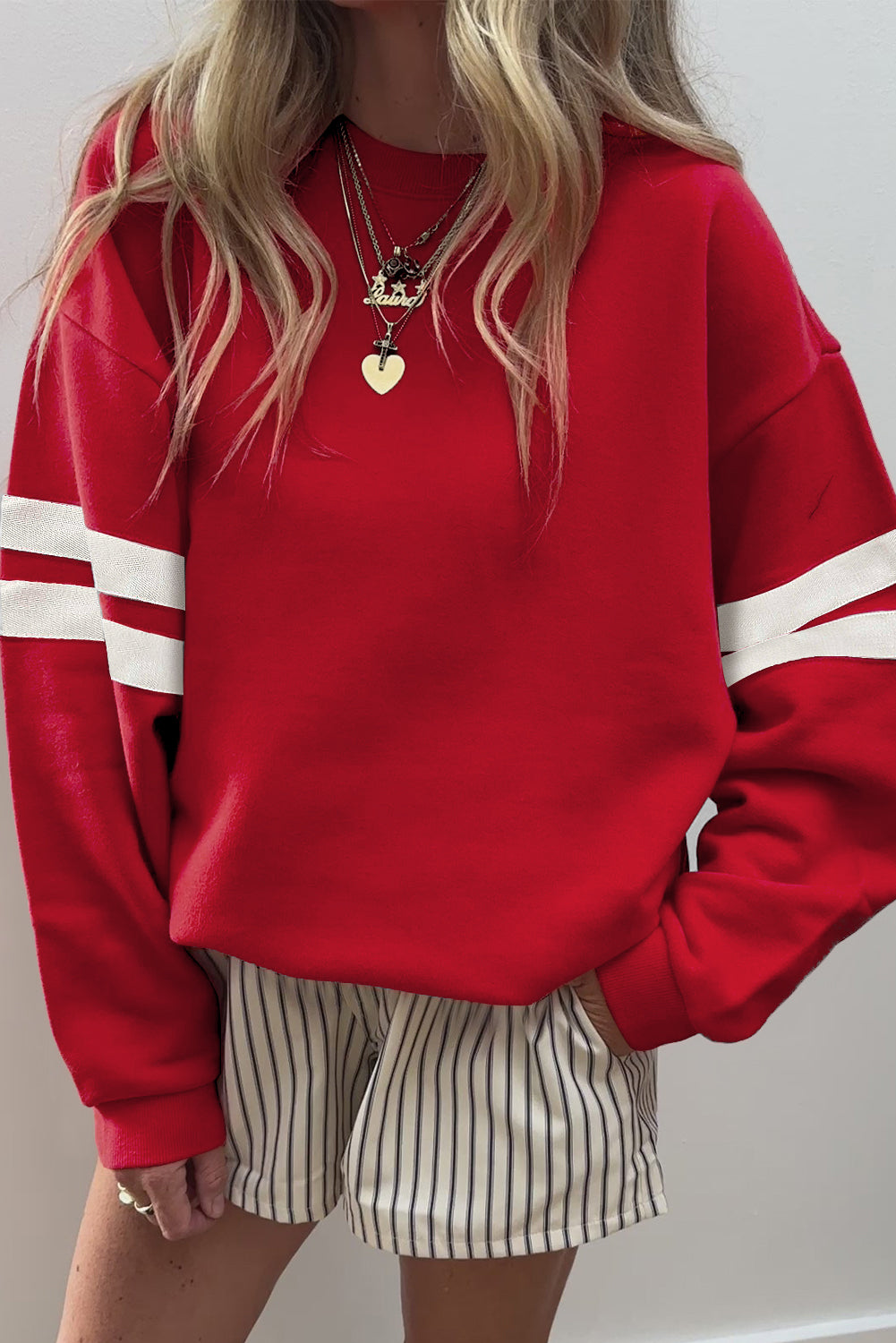 Sky Blue Varsity Striped Detail Drop Shoulder Oversized Sweatshirt