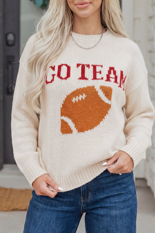 Beige Go Team Football Drop Shoulder Knit Top Sweater