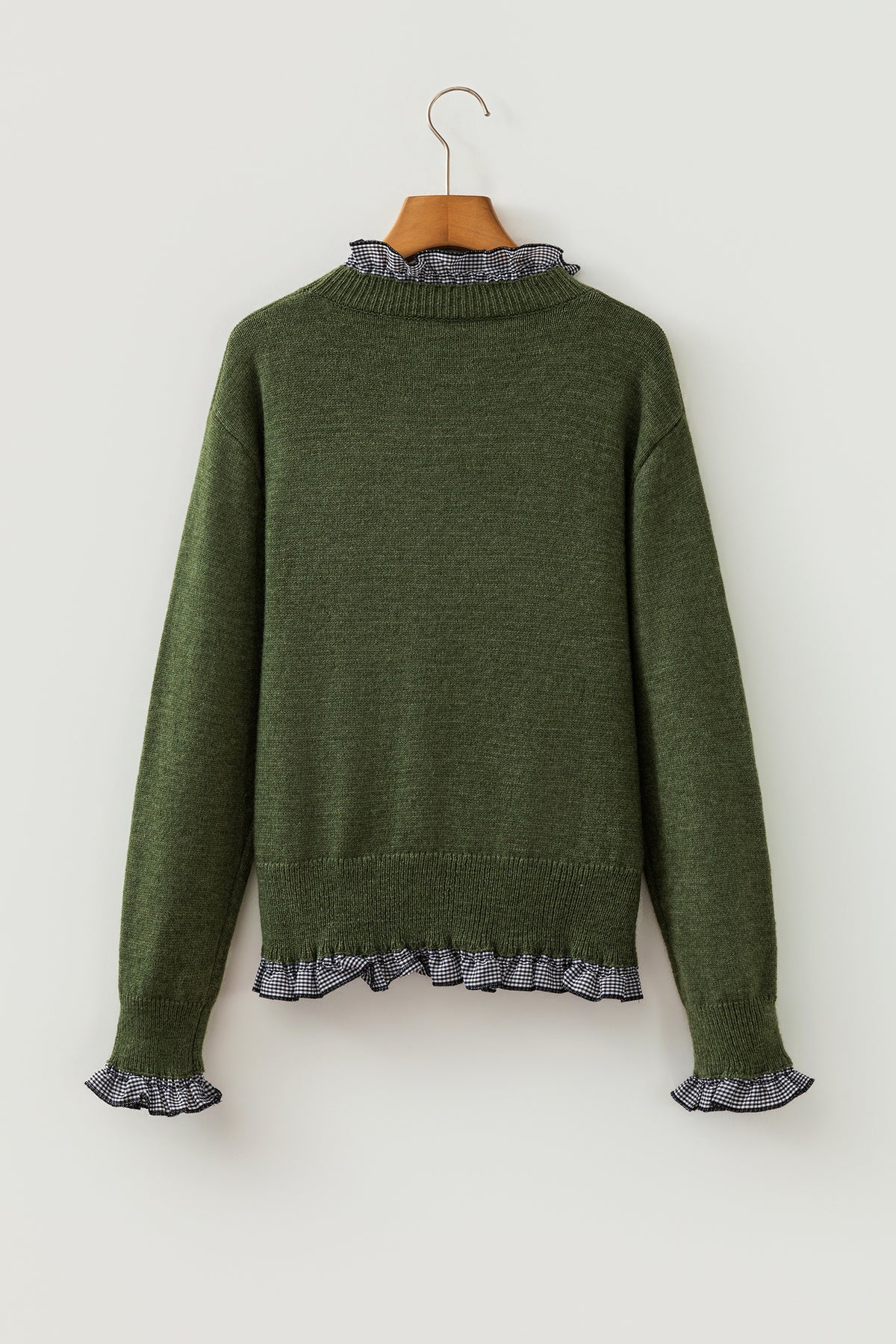 Chicory Coffee Contrast Plaid Ruffle Trim Pullover Sweater