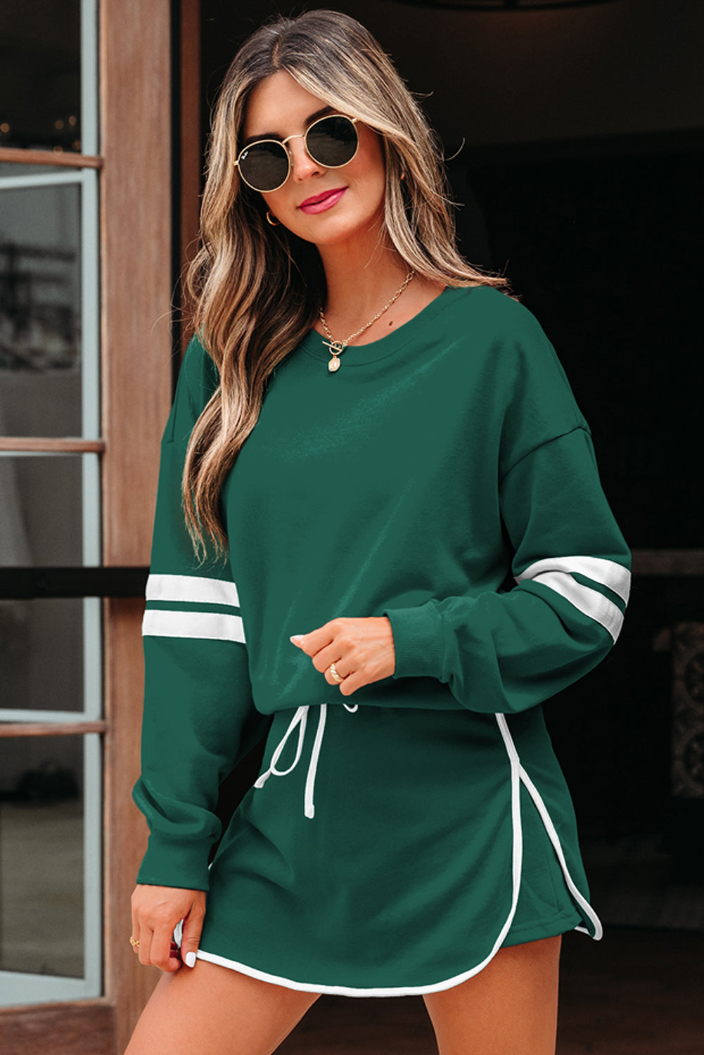 Sky Blue Varsity Stripe Detail Drop Shoulder Pullover Mini Skort Set
