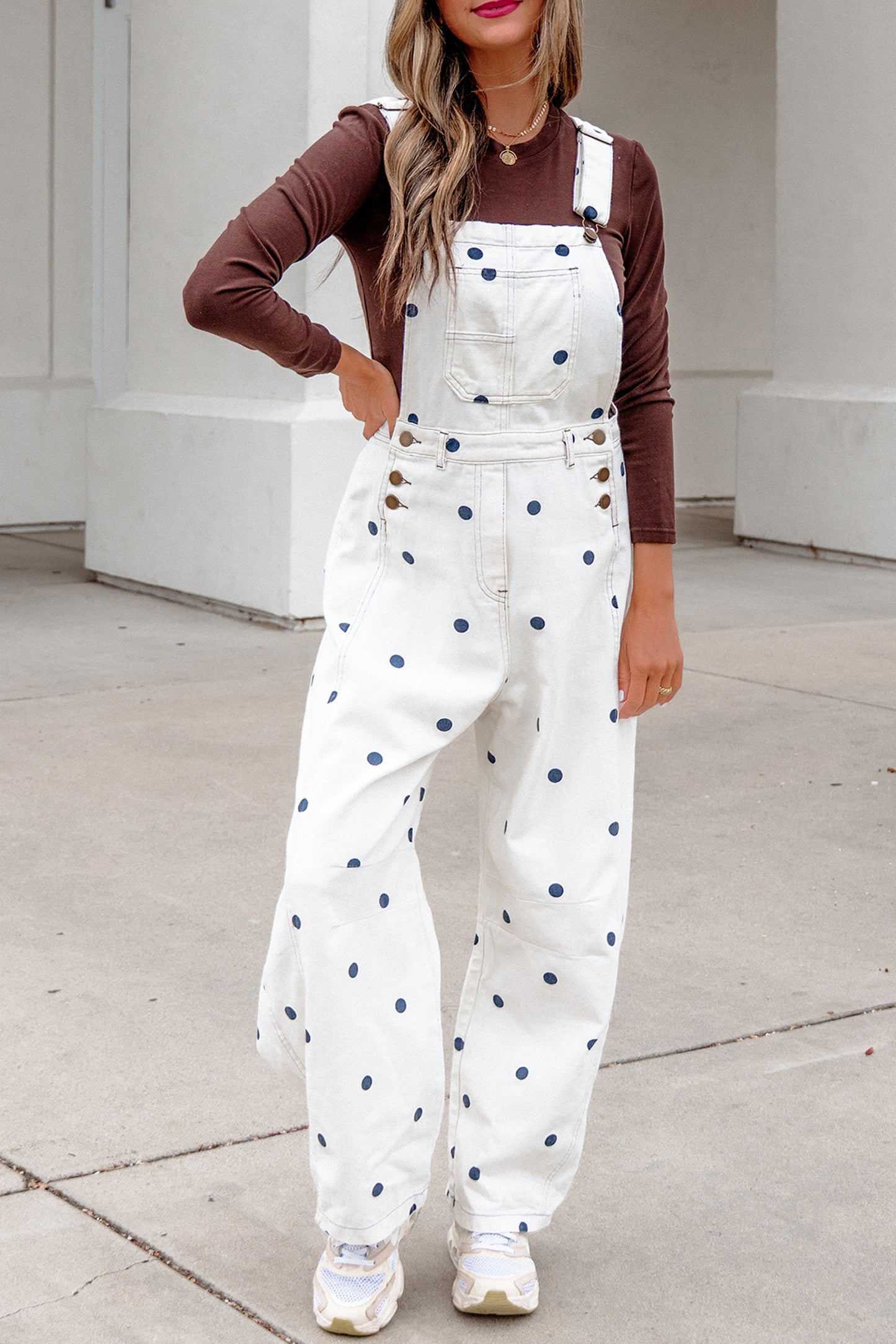 Phalaenopsis Polka Dot Print Bib Pocket Denim Barrel Overalls Jumpsuit