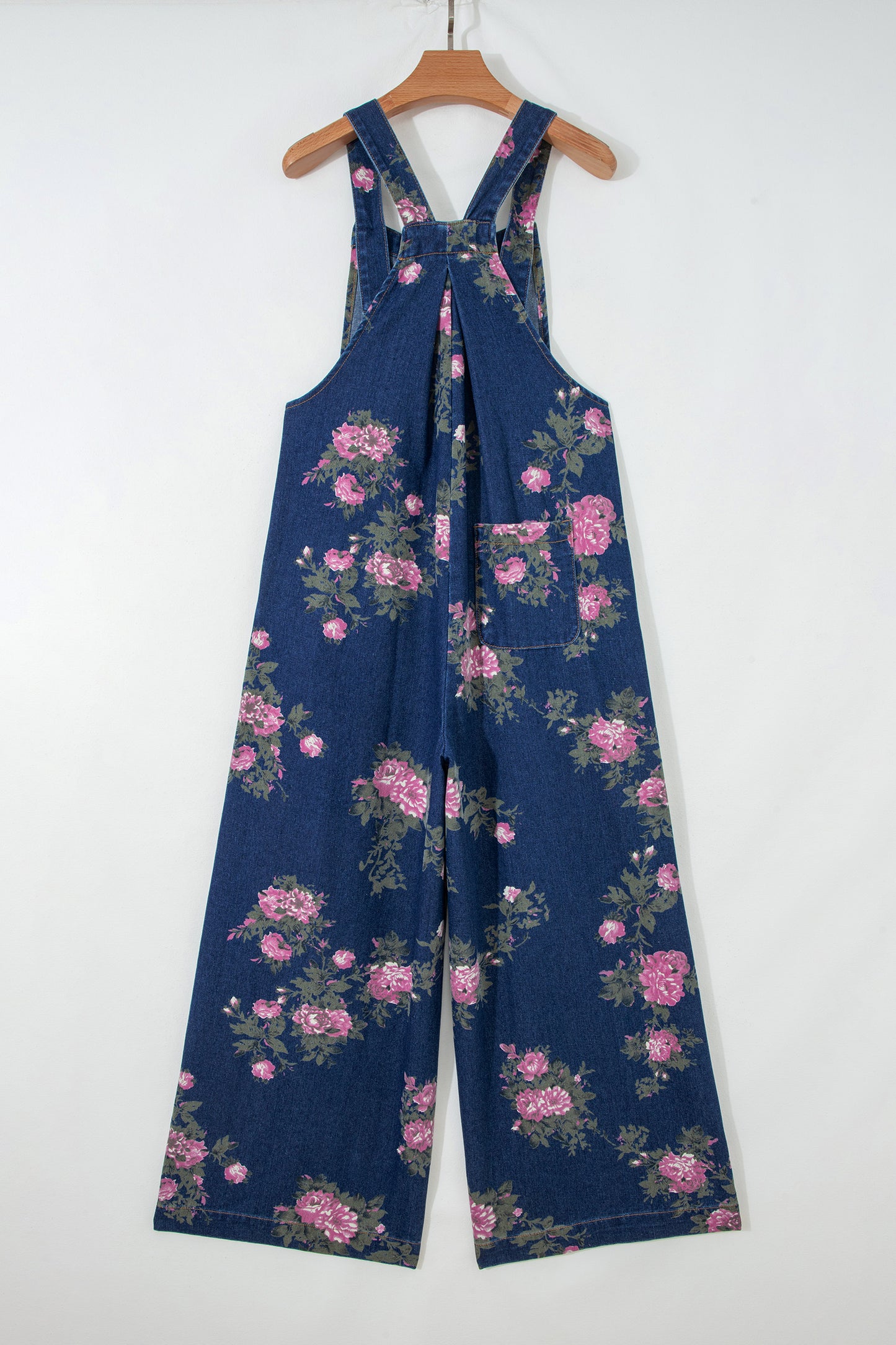 Beau Blue Floral Print Pleated High Waist Wide Leg Denim Jumpsuit