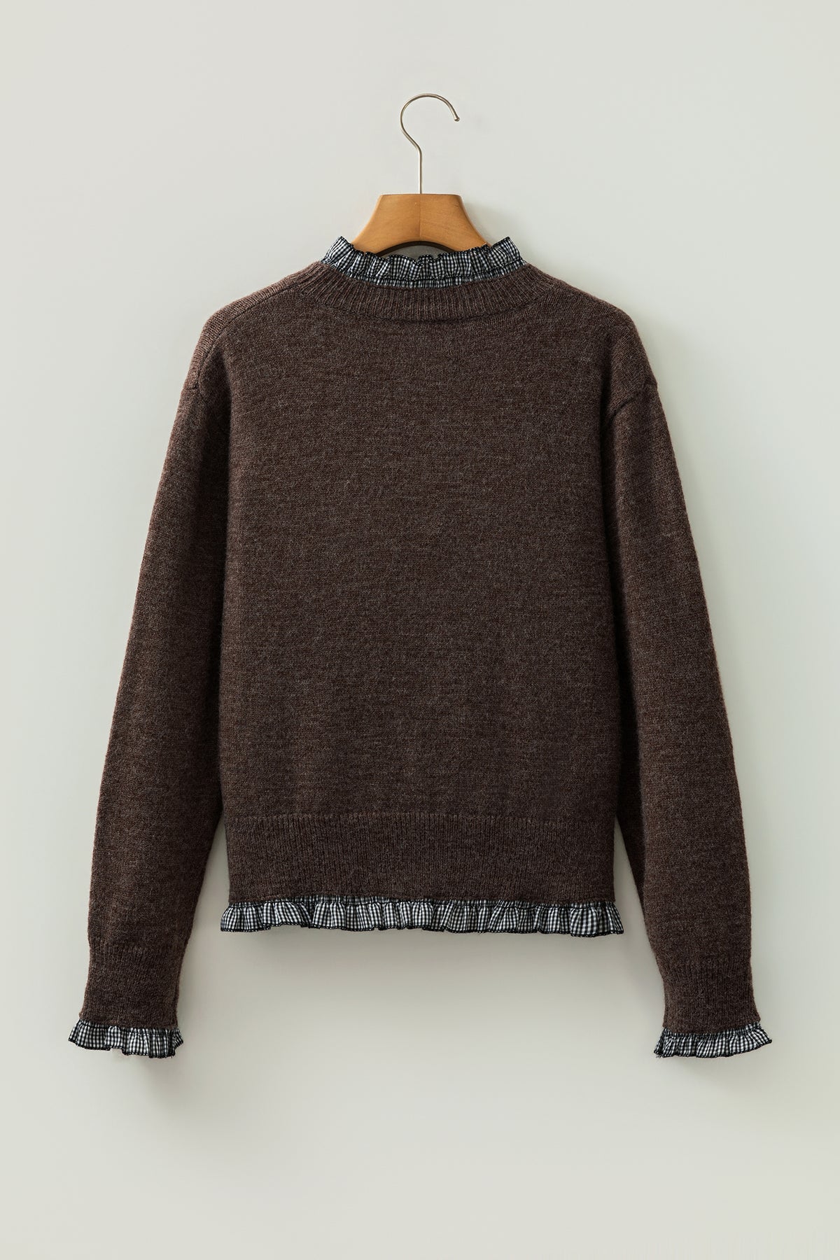 Chicory Coffee Contrast Plaid Ruffle Trim Pullover Sweater