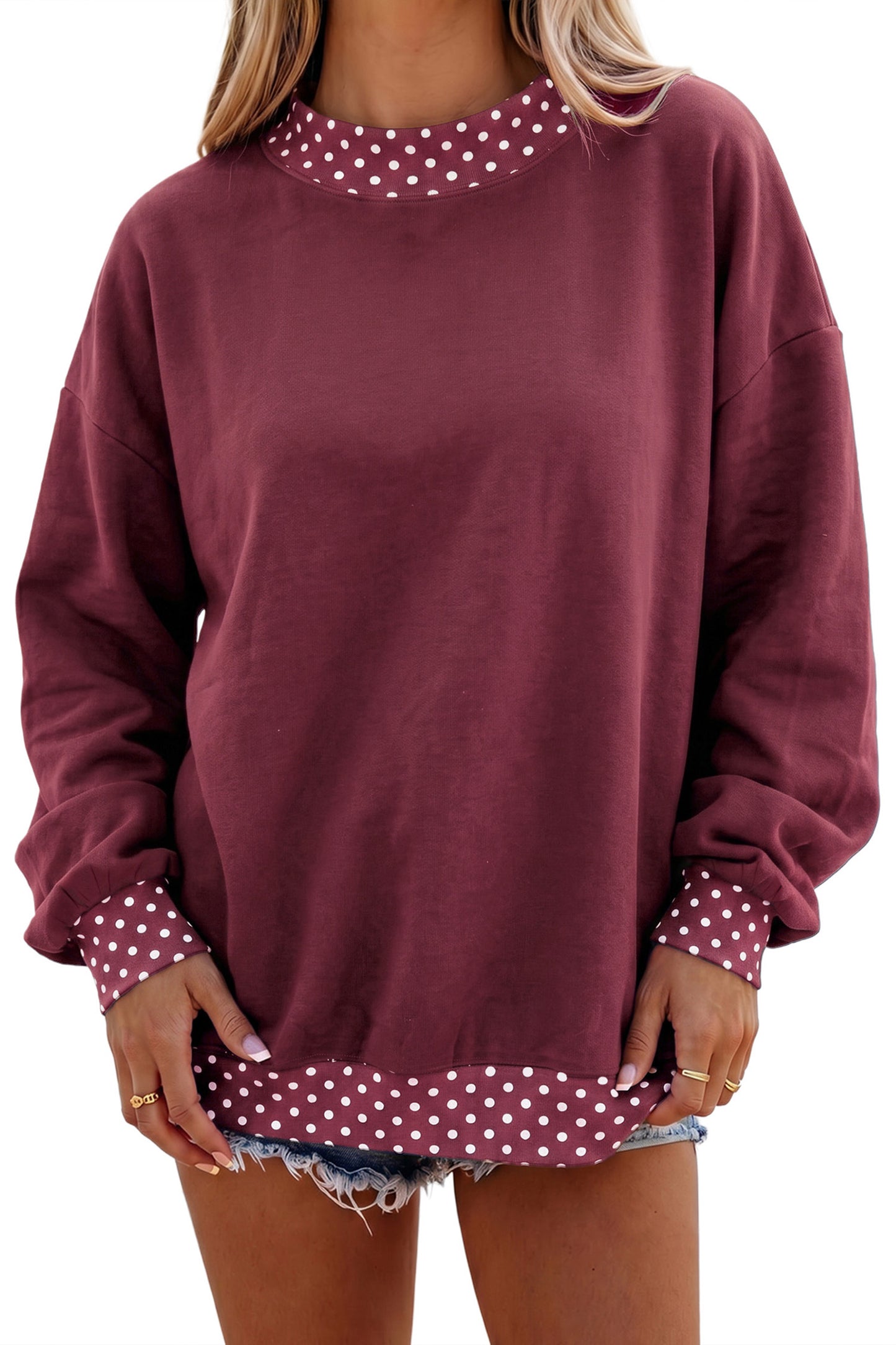 Dirty blue Colorblock Polka Dot Contrast Trim Oversized Sweatshirt