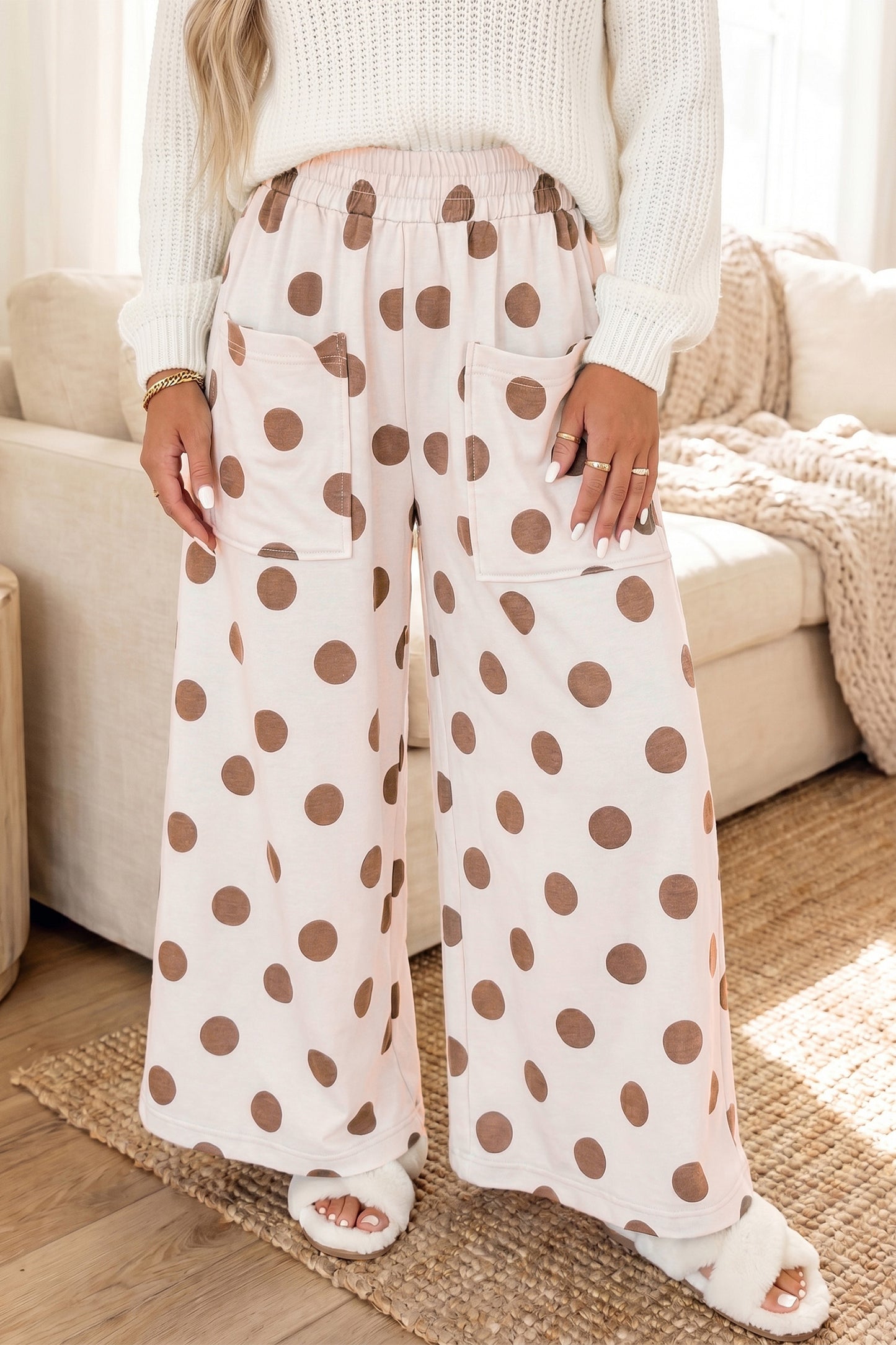 Sky Blue Polka Dot Wide Leg Elastic Waist Casual Pants