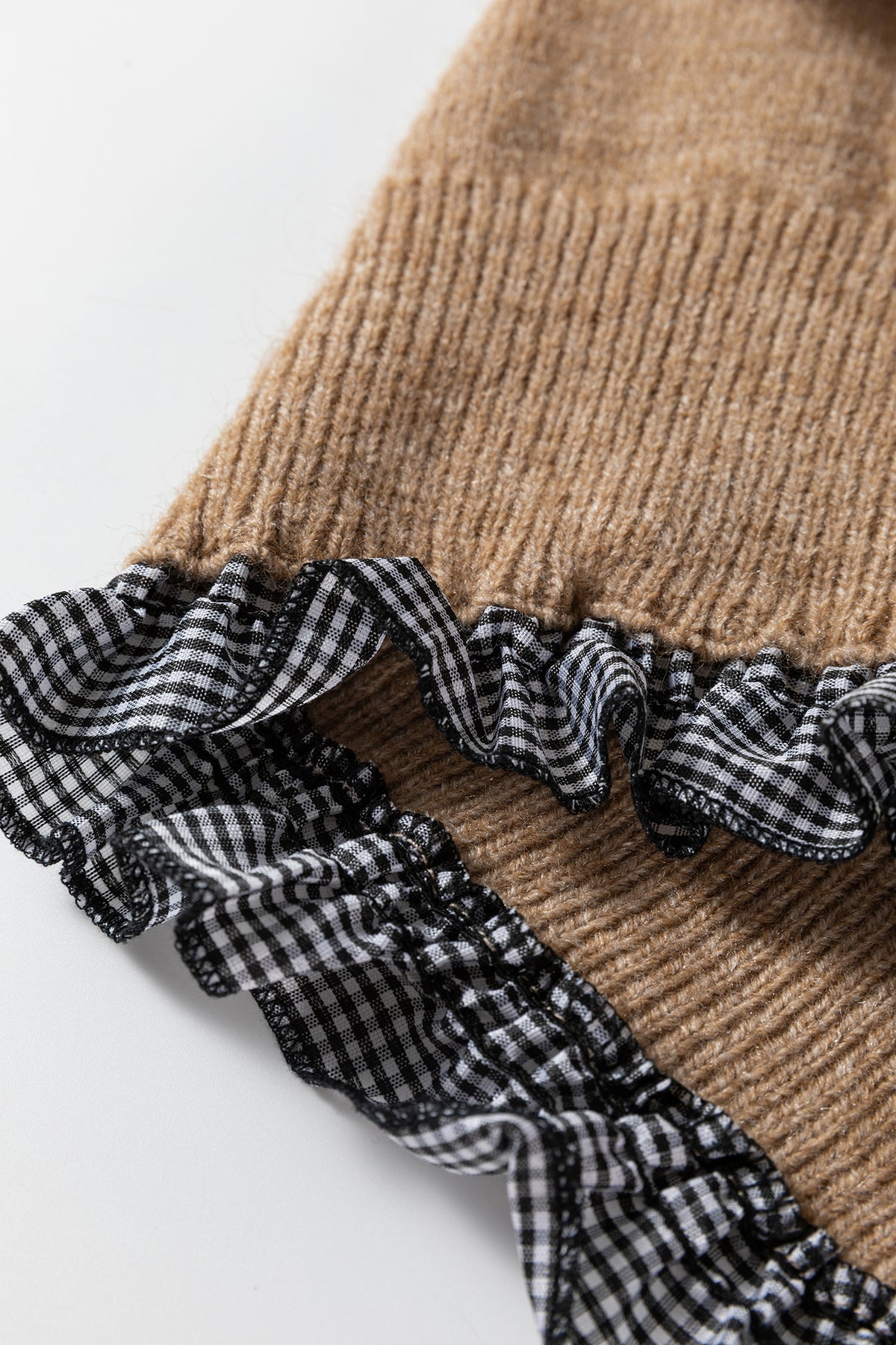 Chicory Coffee Contrast Plaid Ruffle Trim Pullover Sweater