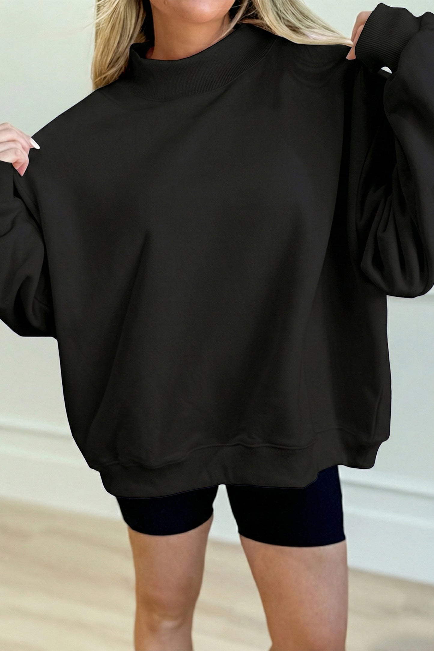 Dark Blue Solid Color Oversized Mock Neck Sweatshirt