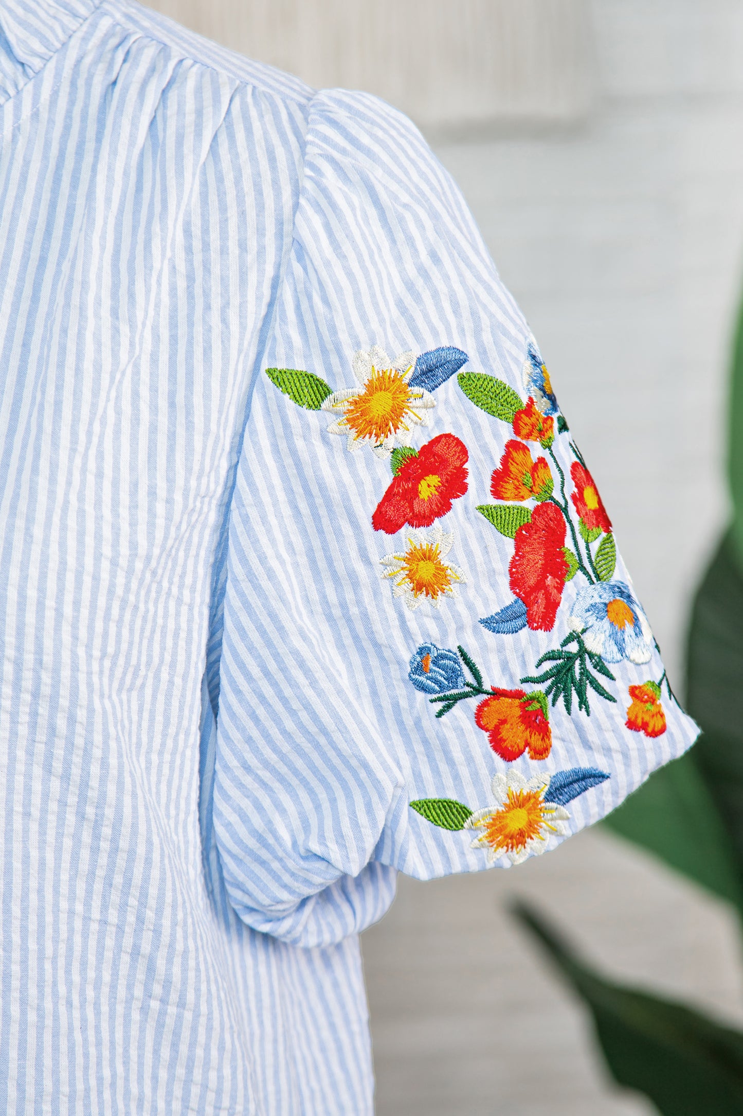 Sky Blue Stripe Floral Embroidered Puff Sleeve Ruffle Trim Shirt