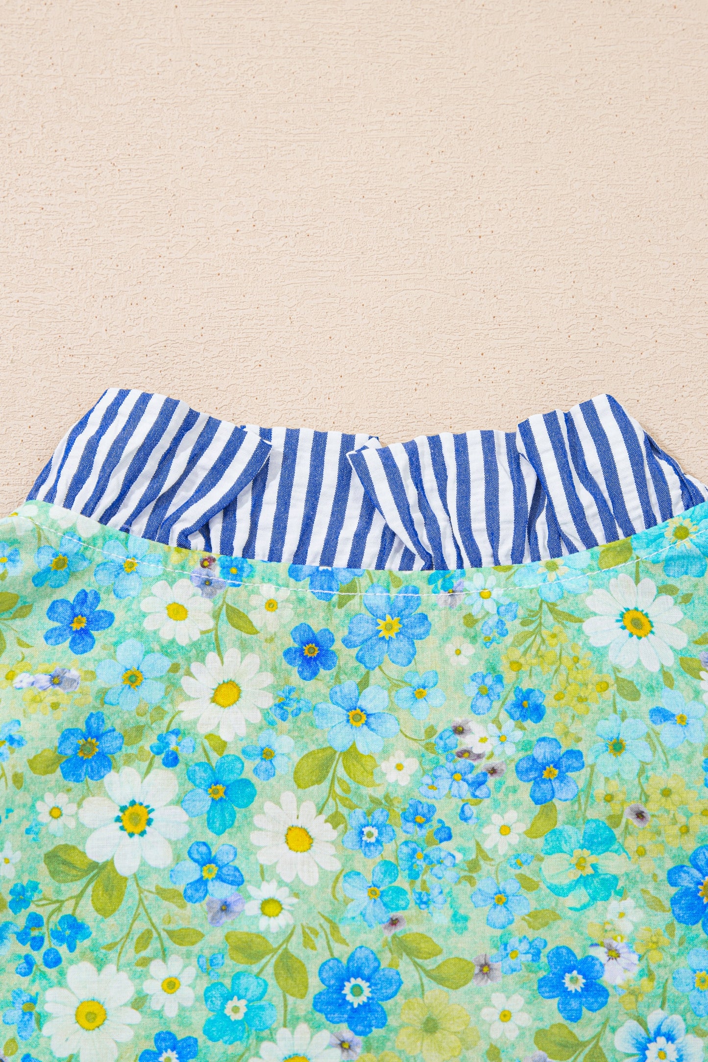 Green Floral Painting Print Striped Patchwork Flutter Sleeve V Neck Blouse