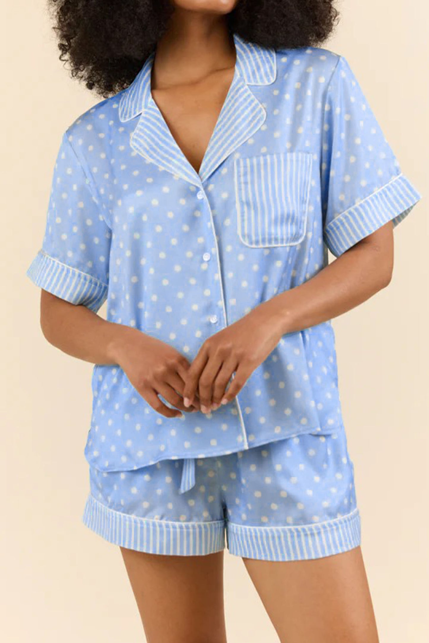 Sky Blue Dotted Print Soft Short Pajama Set