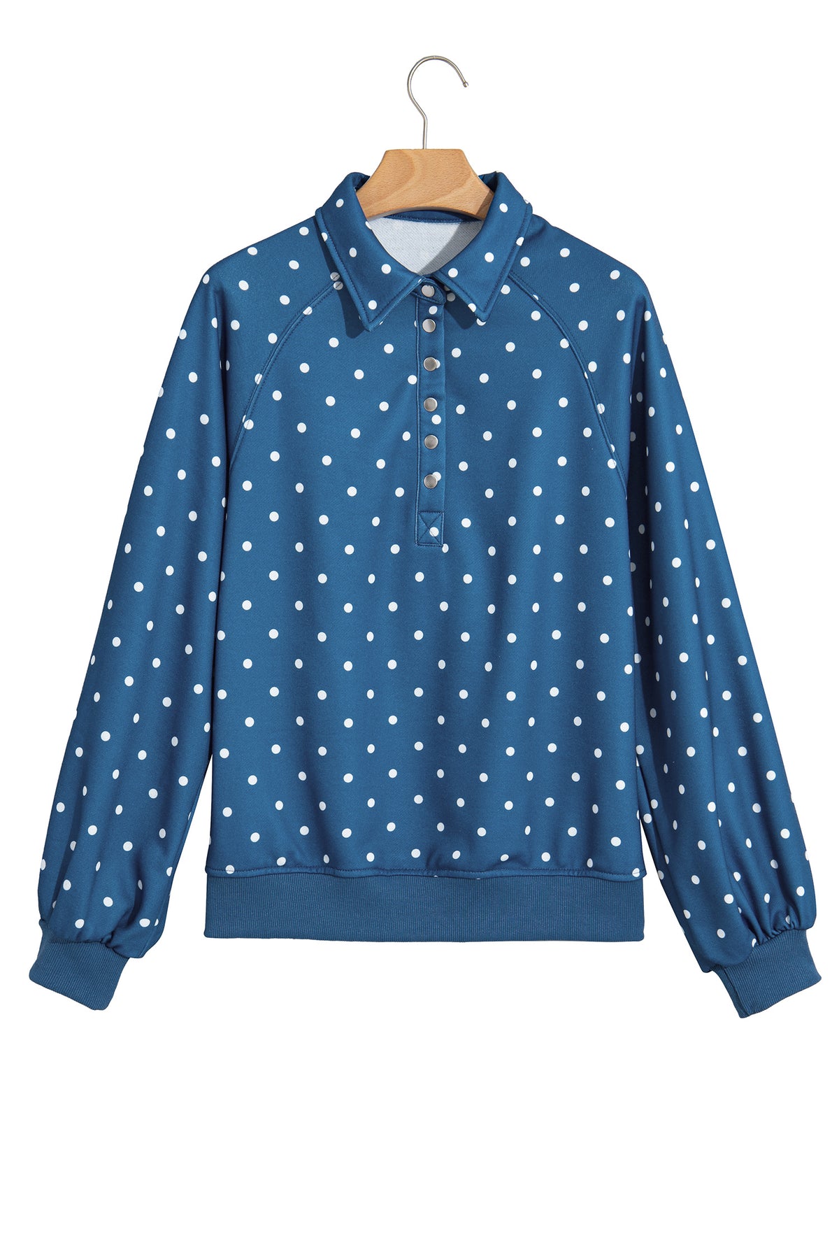 Red Polka Dot Print Metal Button Collar Casual Pullover Sweatshirt