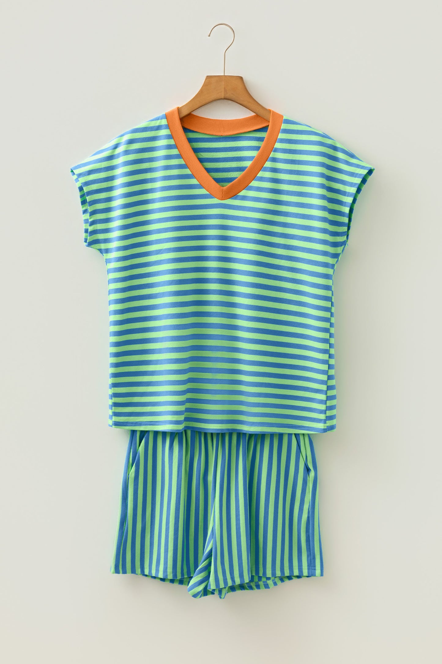 Pink Stripe Colorblock Trim V Neck Tee Drawstring Elastic Waist Short Set