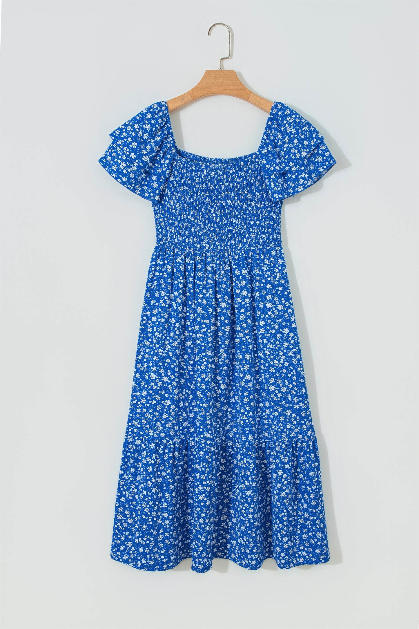Blue Ditsy Floral Print Smocked Square Neck Ruffle Short Sleeve Dress