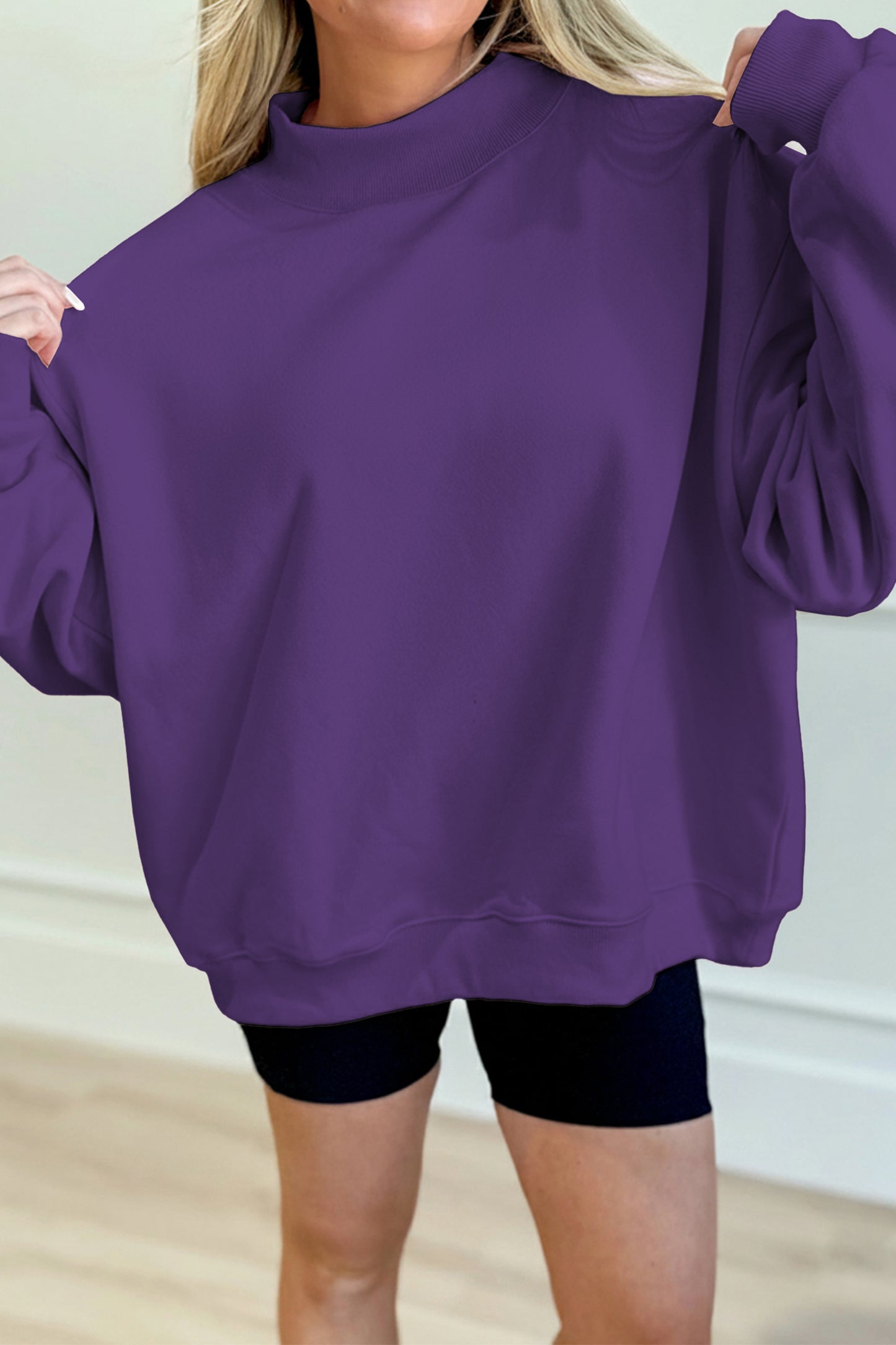 Dark Blue Solid Color Oversized Mock Neck Sweatshirt