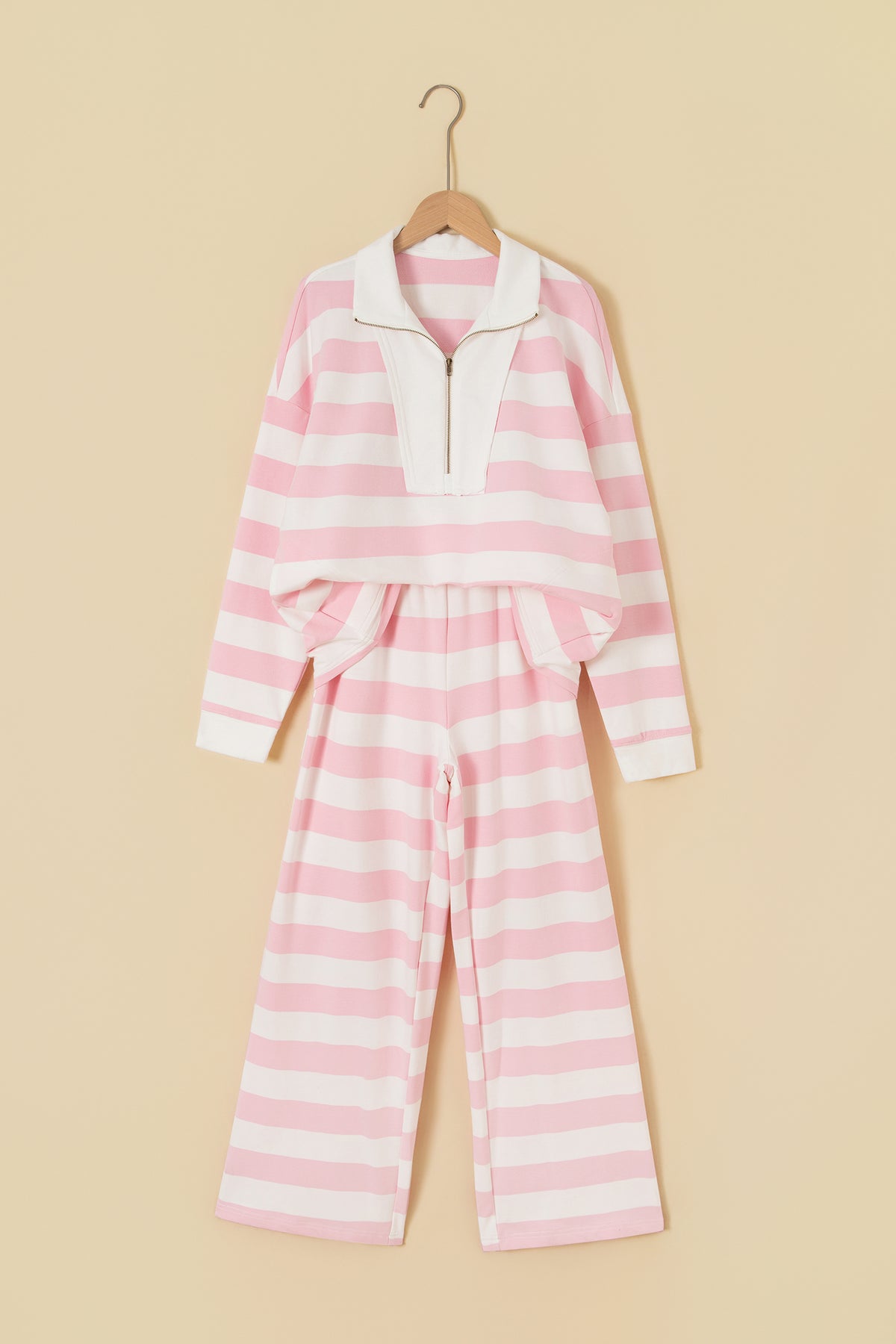 Pink Stripe Color Block Patchwork Zip Long Sleeve Top Elastic Waist Pants Set