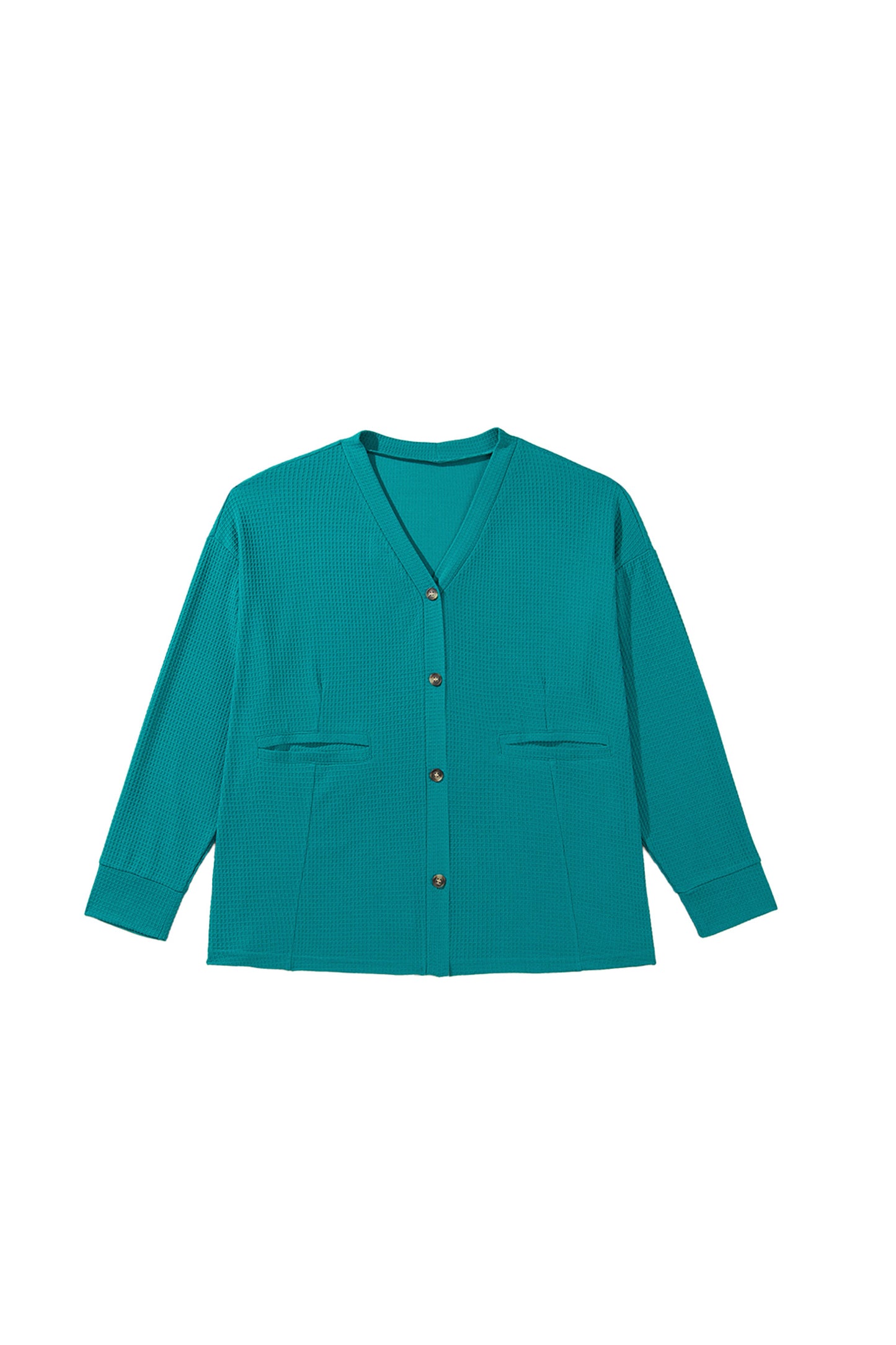 Lapis V Neck Waffle Textured Button Front Tunic Long Sleeve Plus Size Cardigan