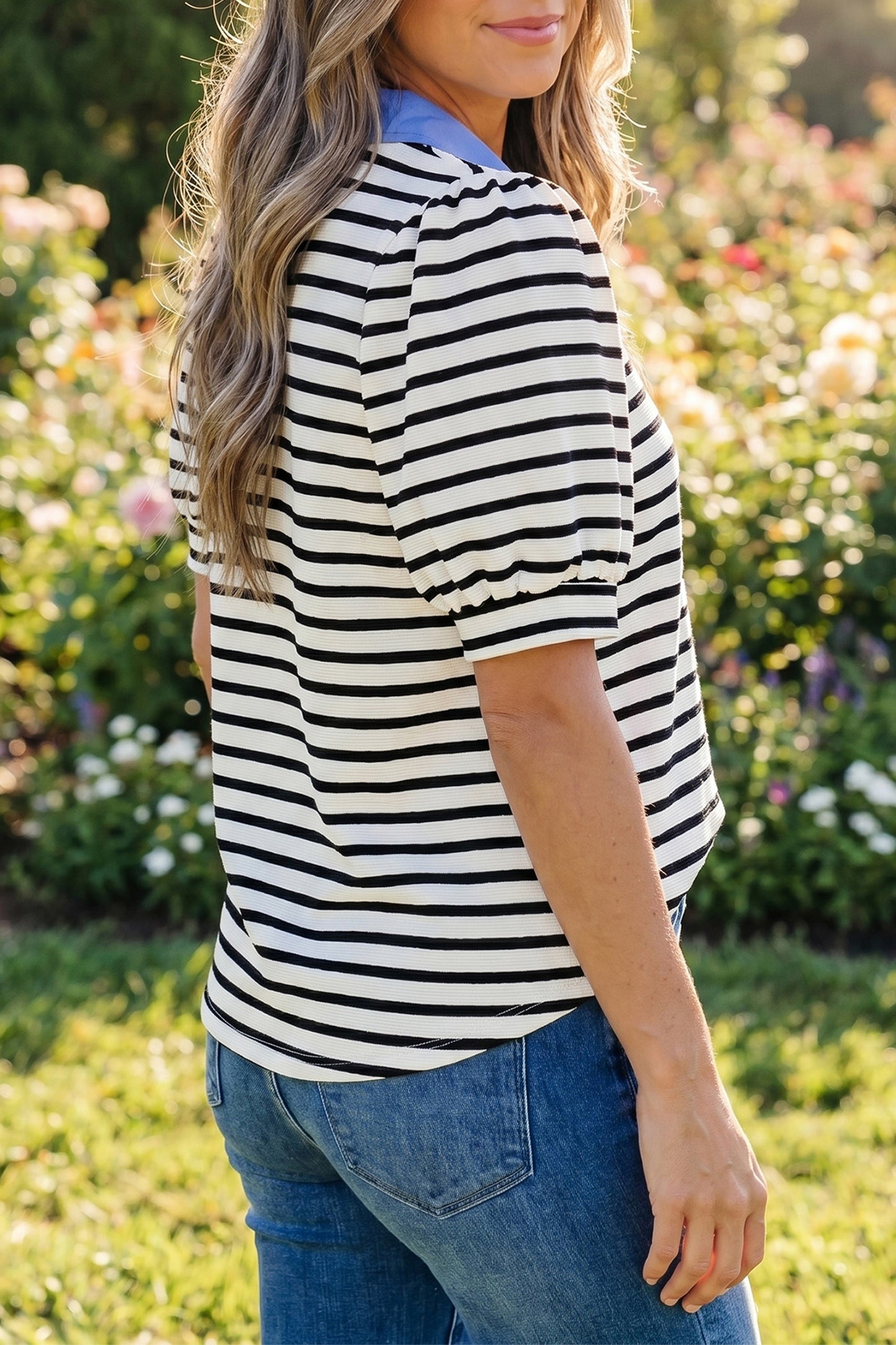 Blue Stripe Short Puff Sleeve Color Block Polo Collar Blouse