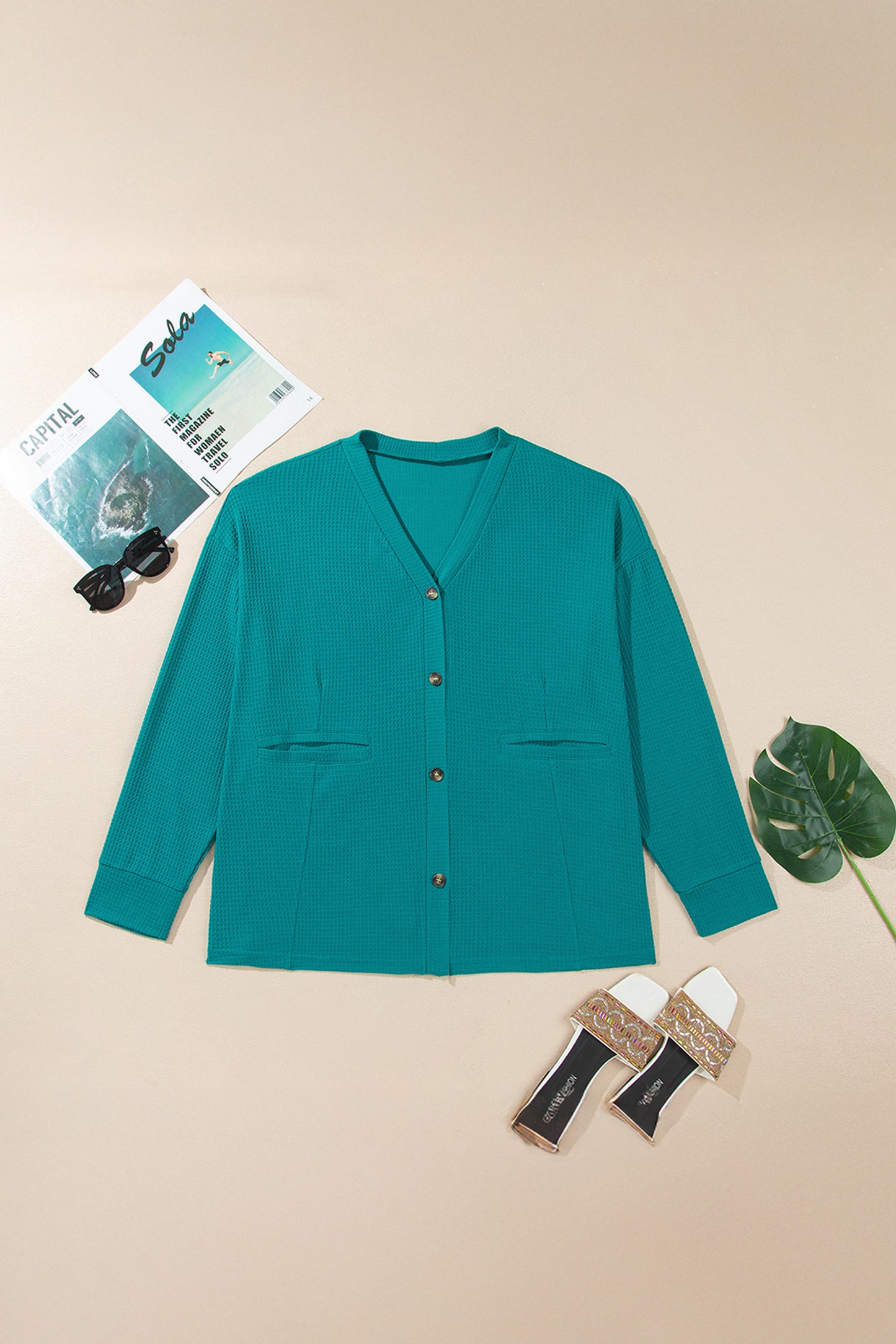 Lapis V Neck Waffle Textured Button Front Tunic Long Sleeve Plus Size Cardigan