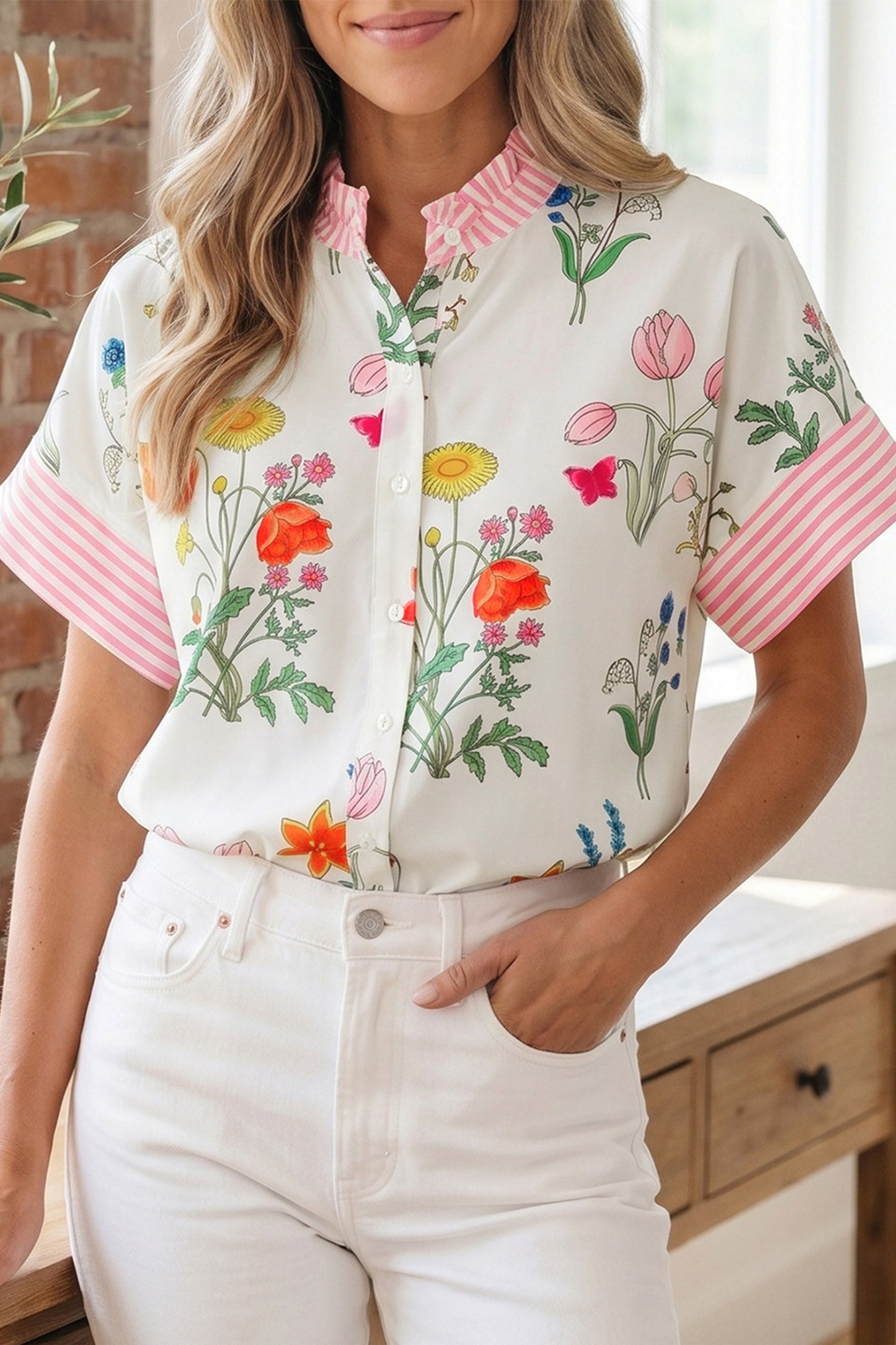 Beige Floral Striped Patchwork Ruffled Collar Short Sleeve Shirt