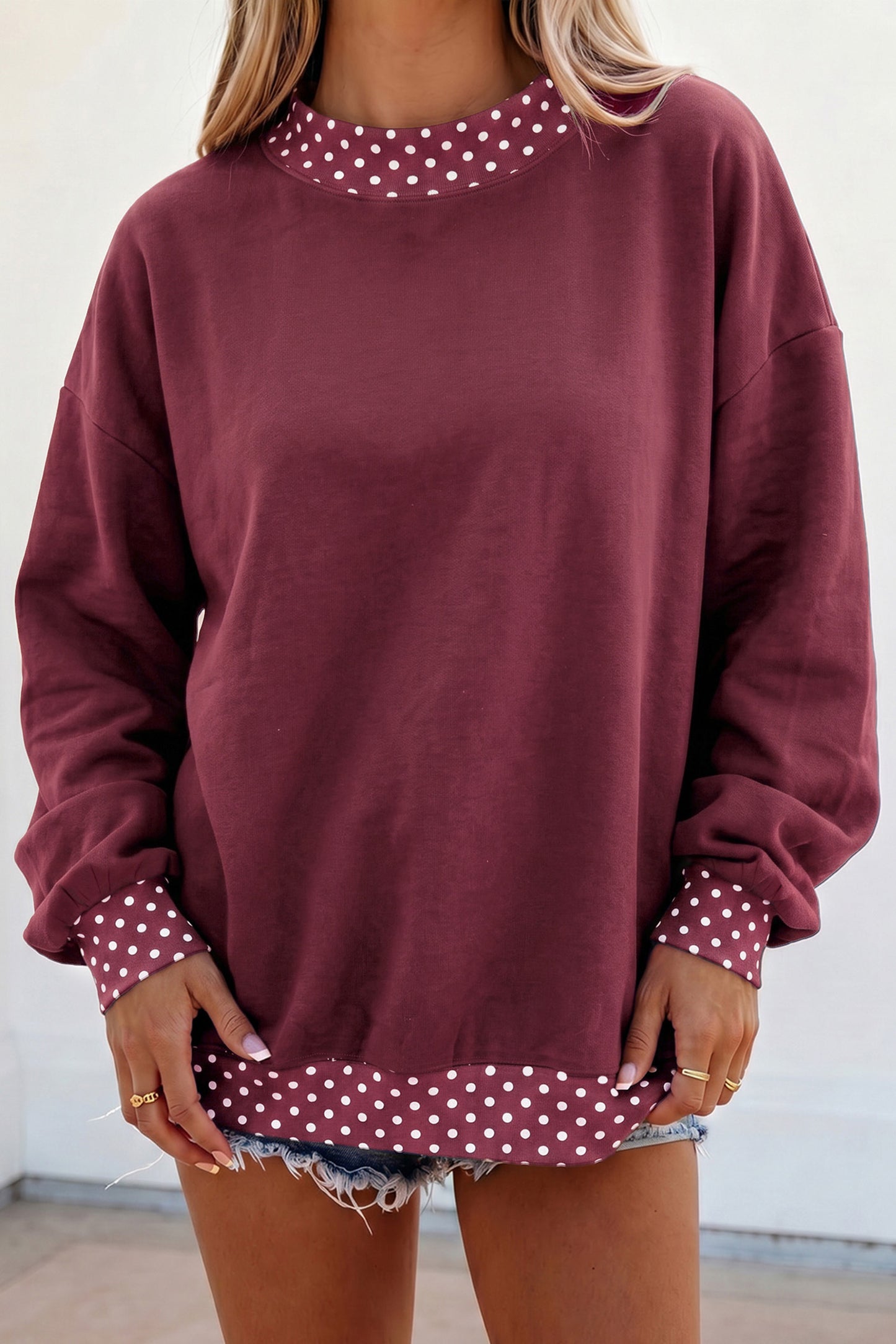 Dirty blue Colorblock Polka Dot Contrast Trim Oversized Sweatshirt