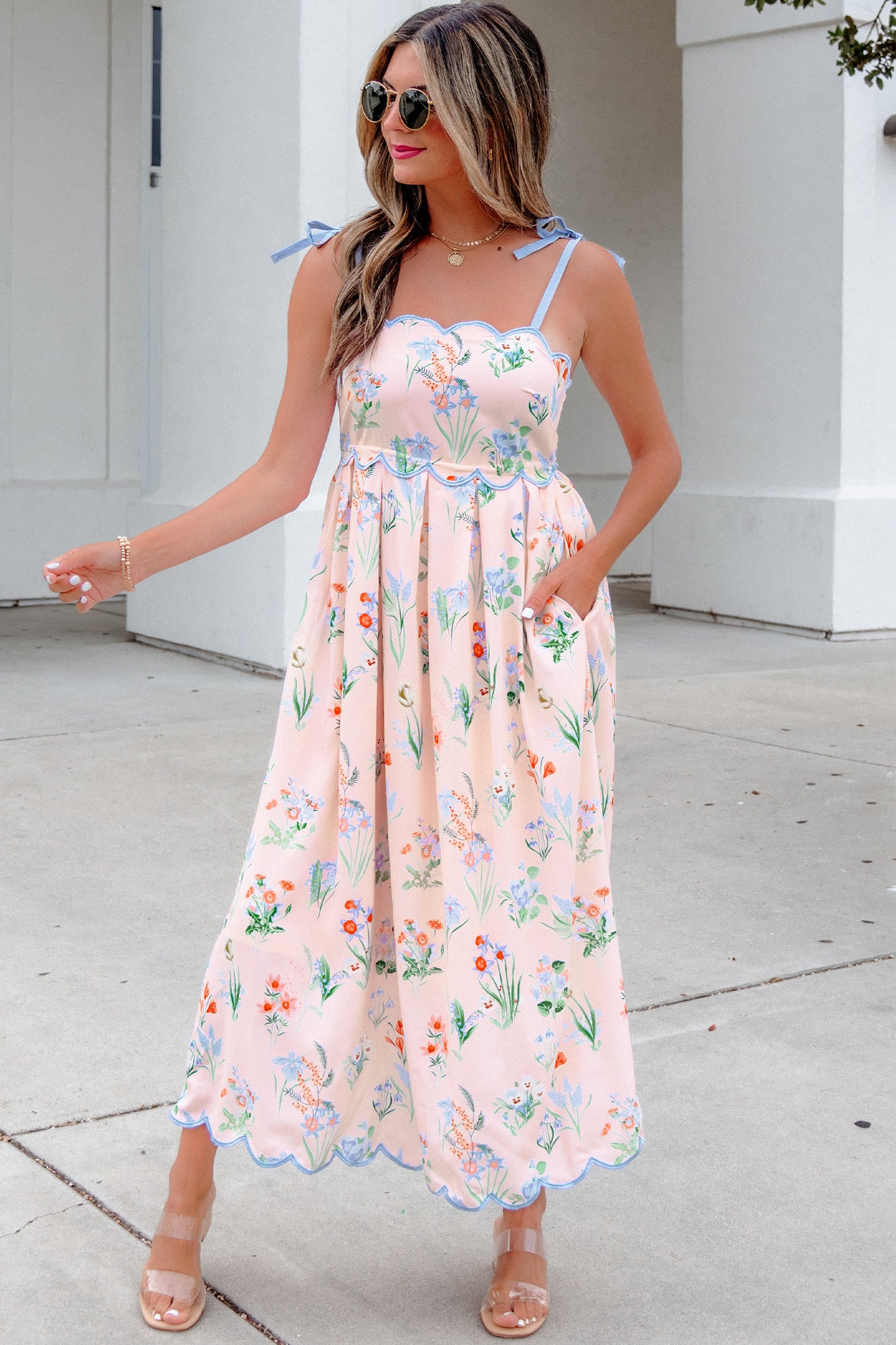 Beige Floral Print Contrast Trim Self-tie Straps High Waist Midi Dress