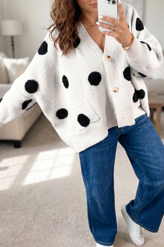 Beige Polka Dot Button Front Oversized V Neck Cardigan