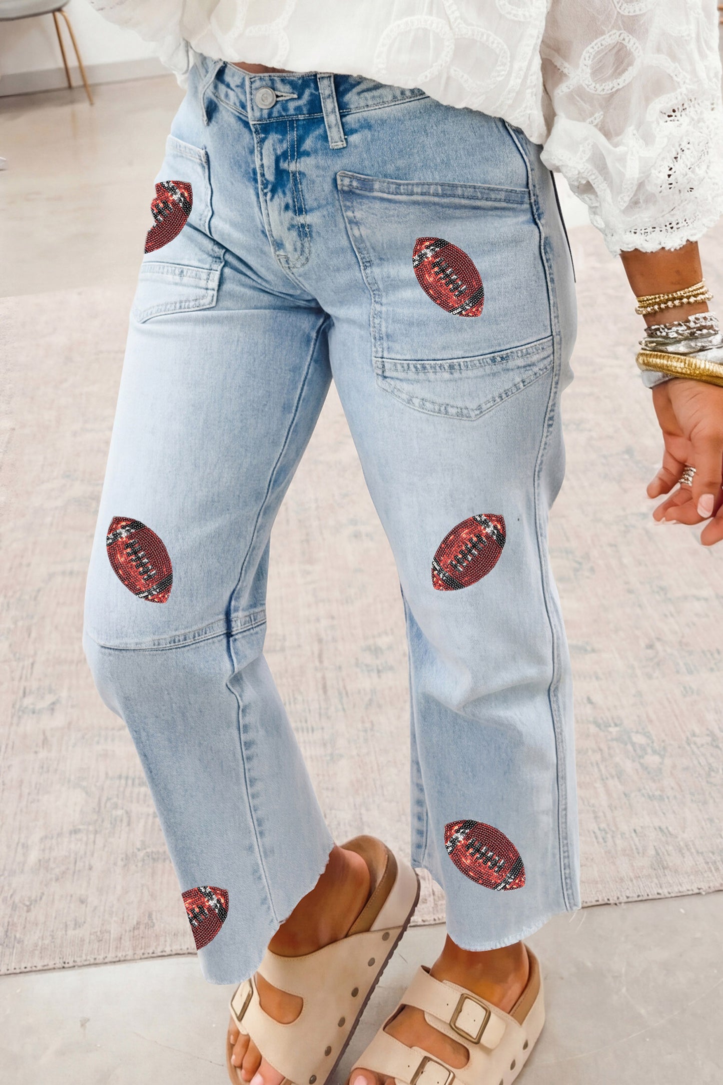 Beau Blue Sequin Rugby Pattern Raw Hem Casual Jeans