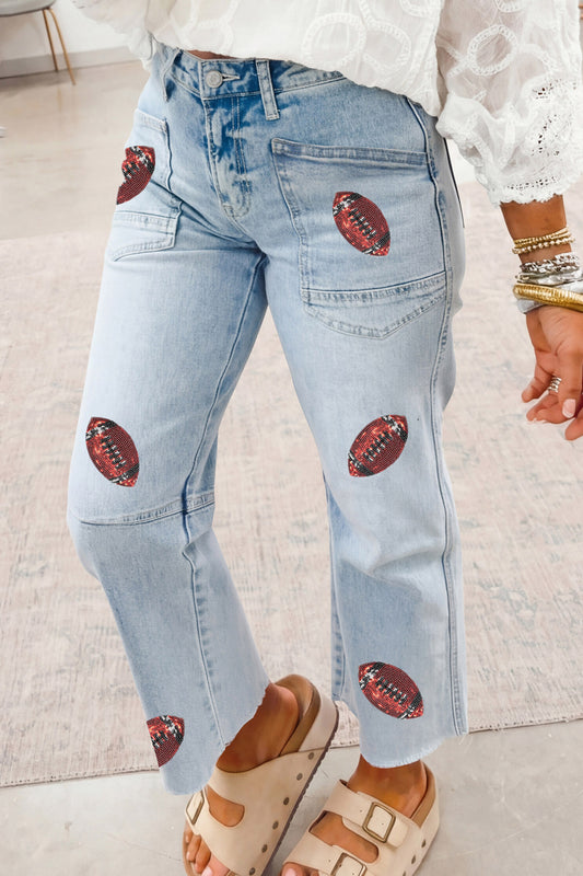 Beau Blue Sequin Rugby Pattern Raw Hem Casual Jeans