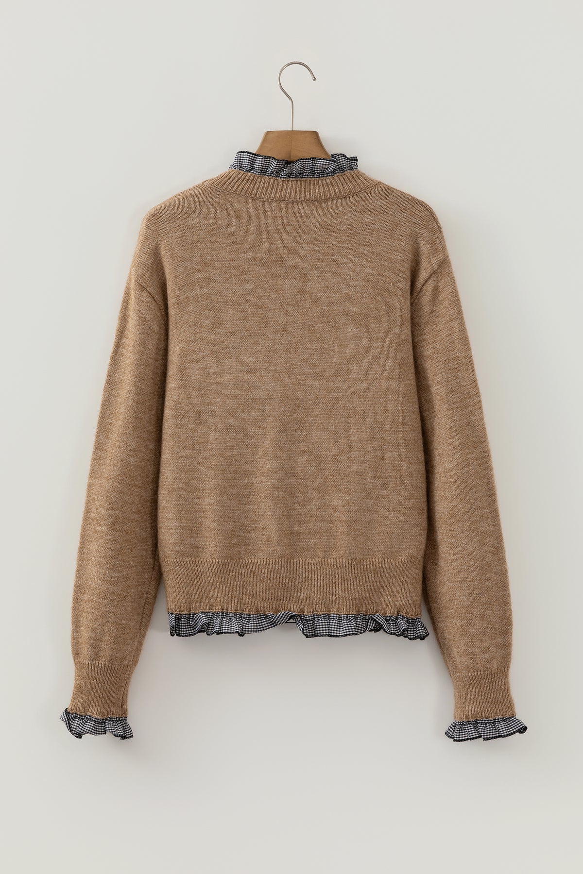 Chicory Coffee Contrast Plaid Ruffle Trim Pullover Sweater