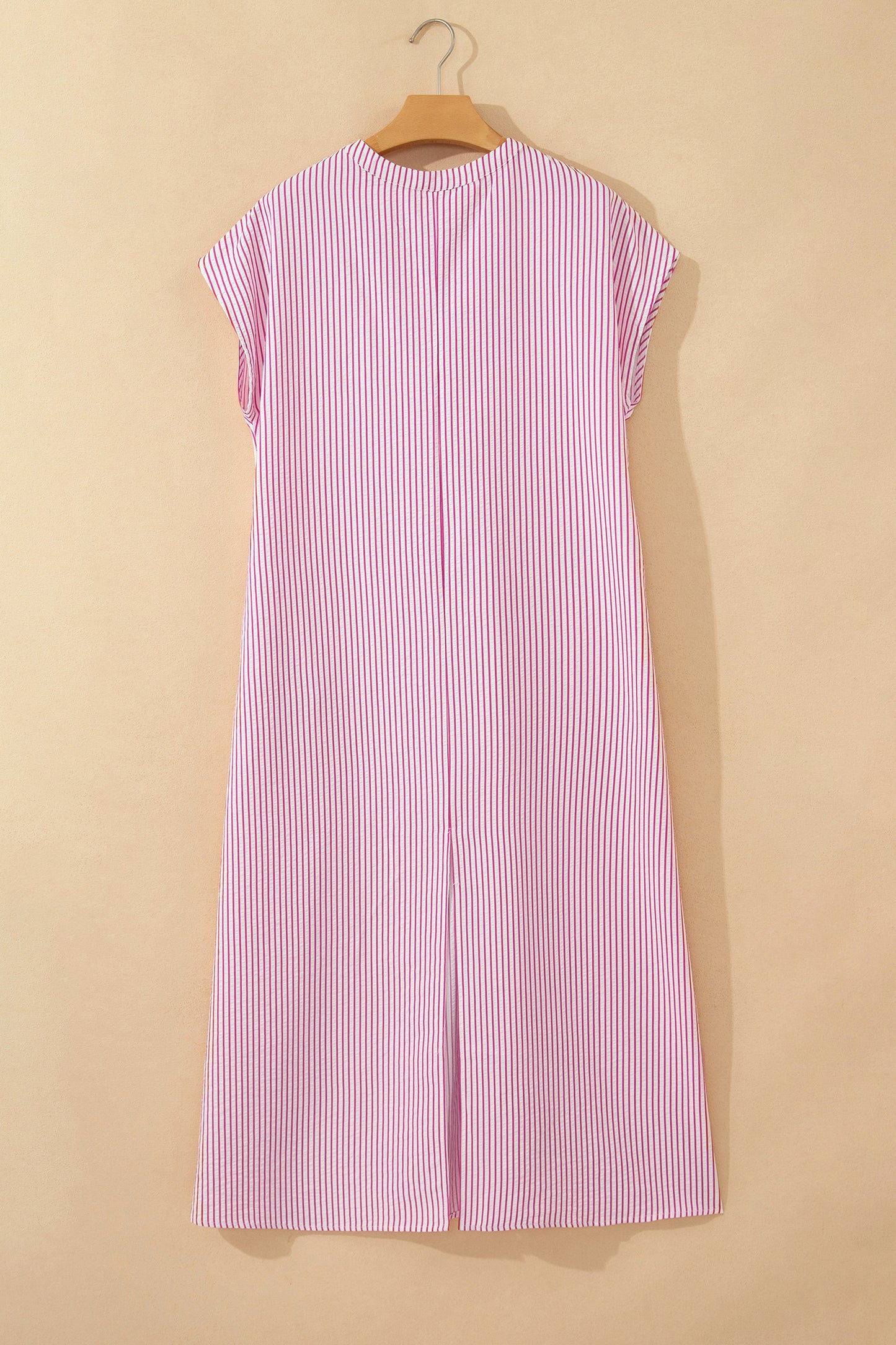 Black Stripe Frilled Detail Half Buttons Short Sleeve Long Dress