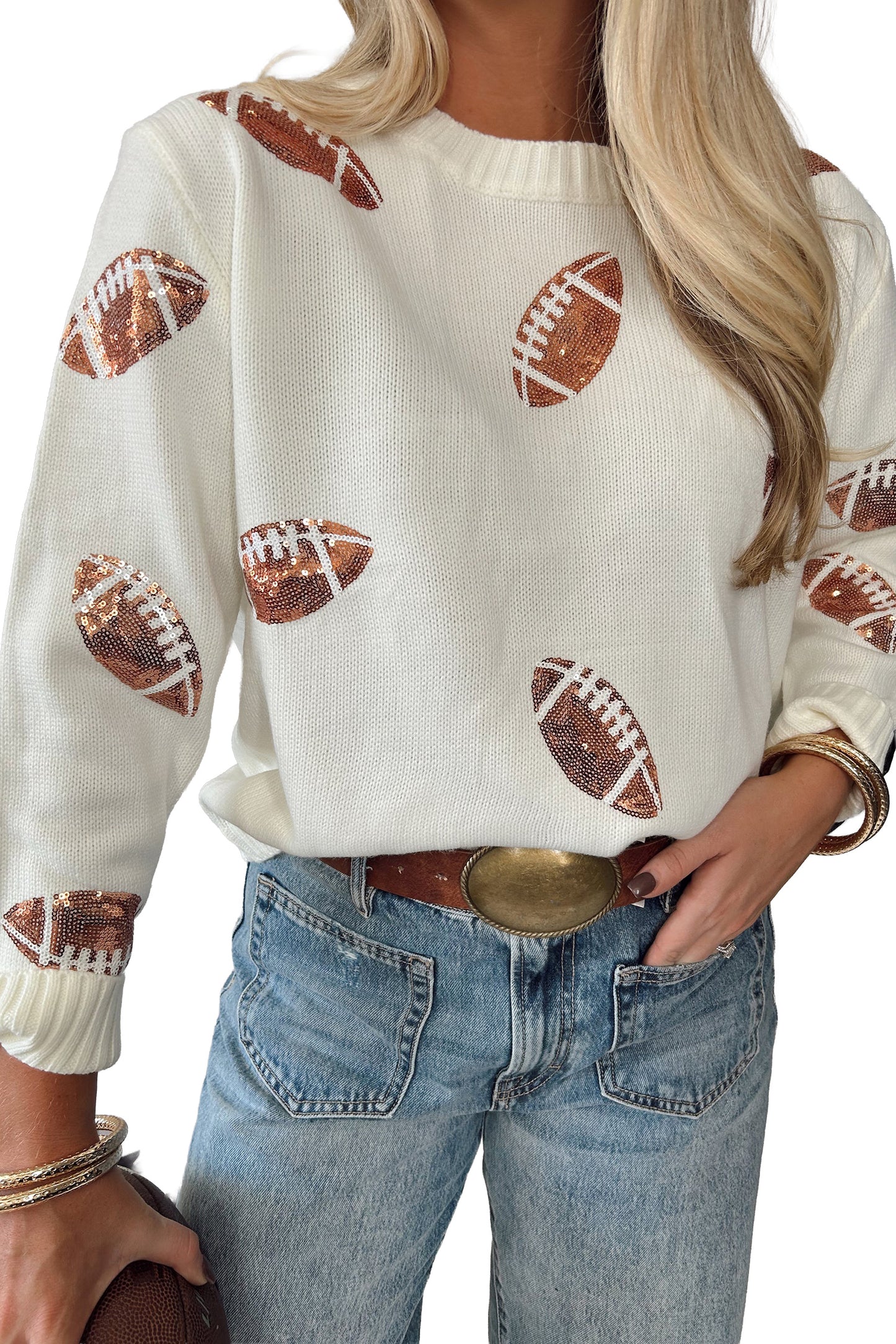 Beige Sequin Football Print Round Neck Long Sleeve Loose Fit Sweater