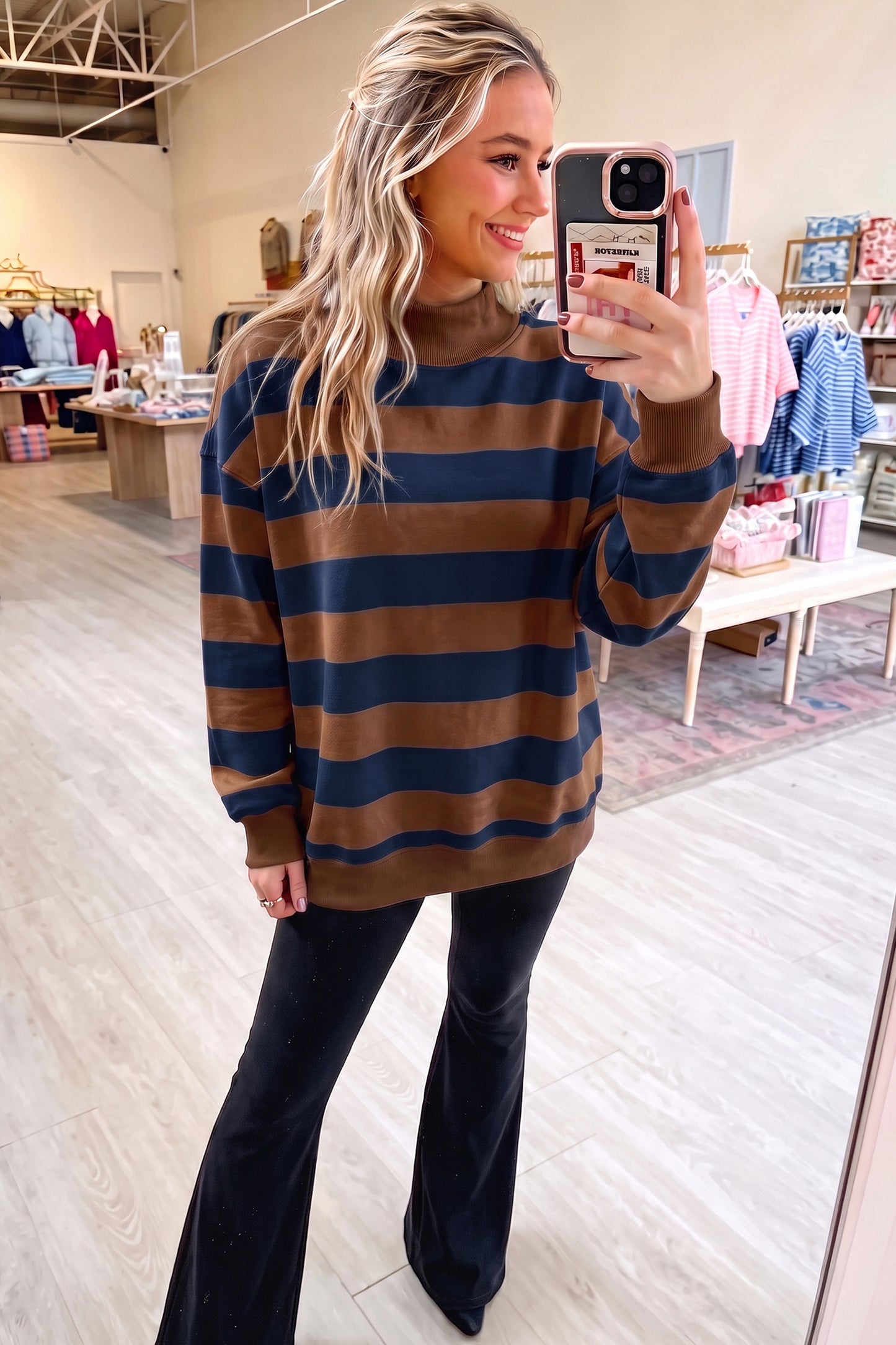 Blue Stripe Colorblock Mock Neck Relaxed Sweatshirt