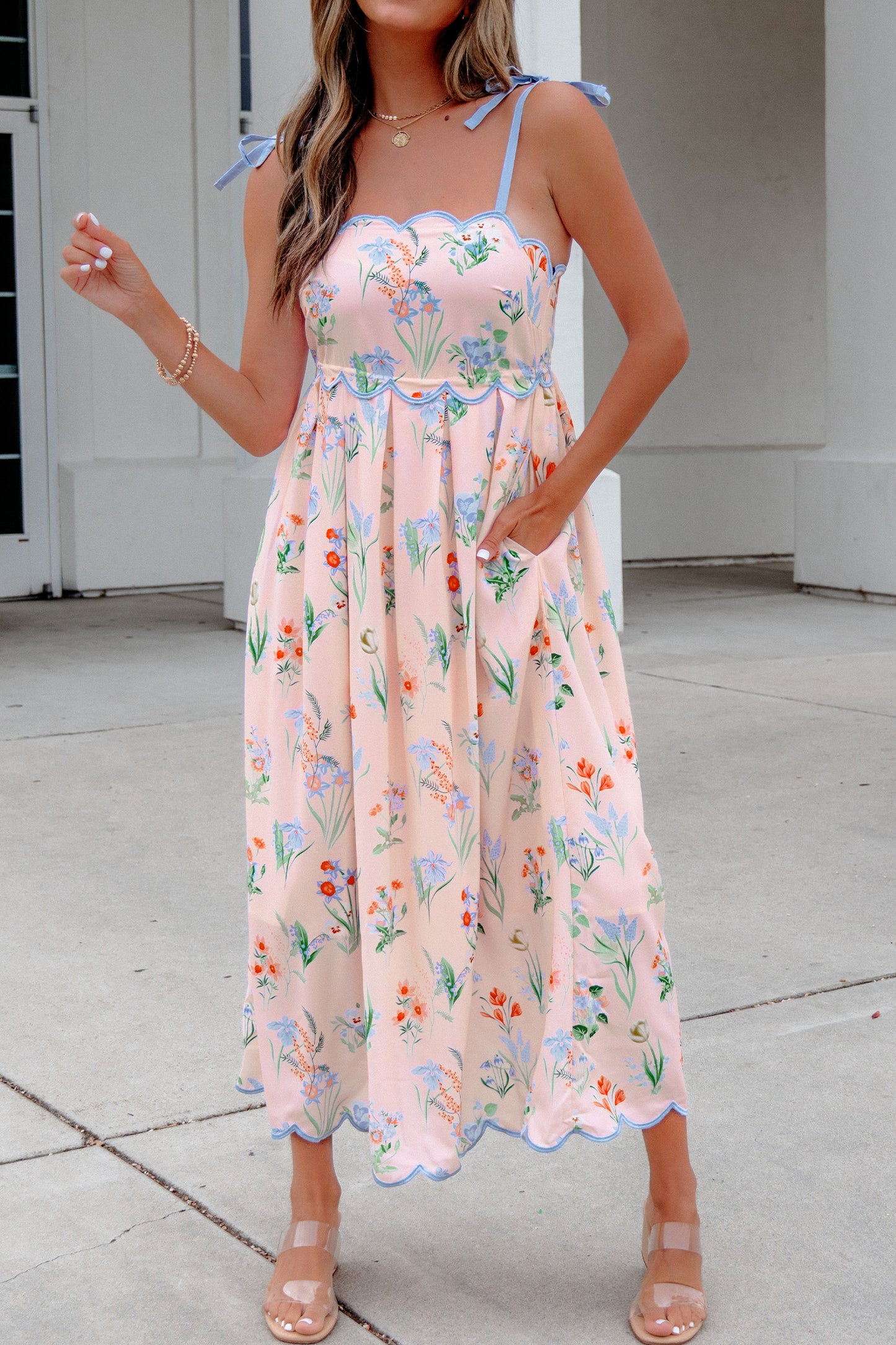 Beige Floral Print Contrast Trim Self-tie Straps High Waist Midi Dress