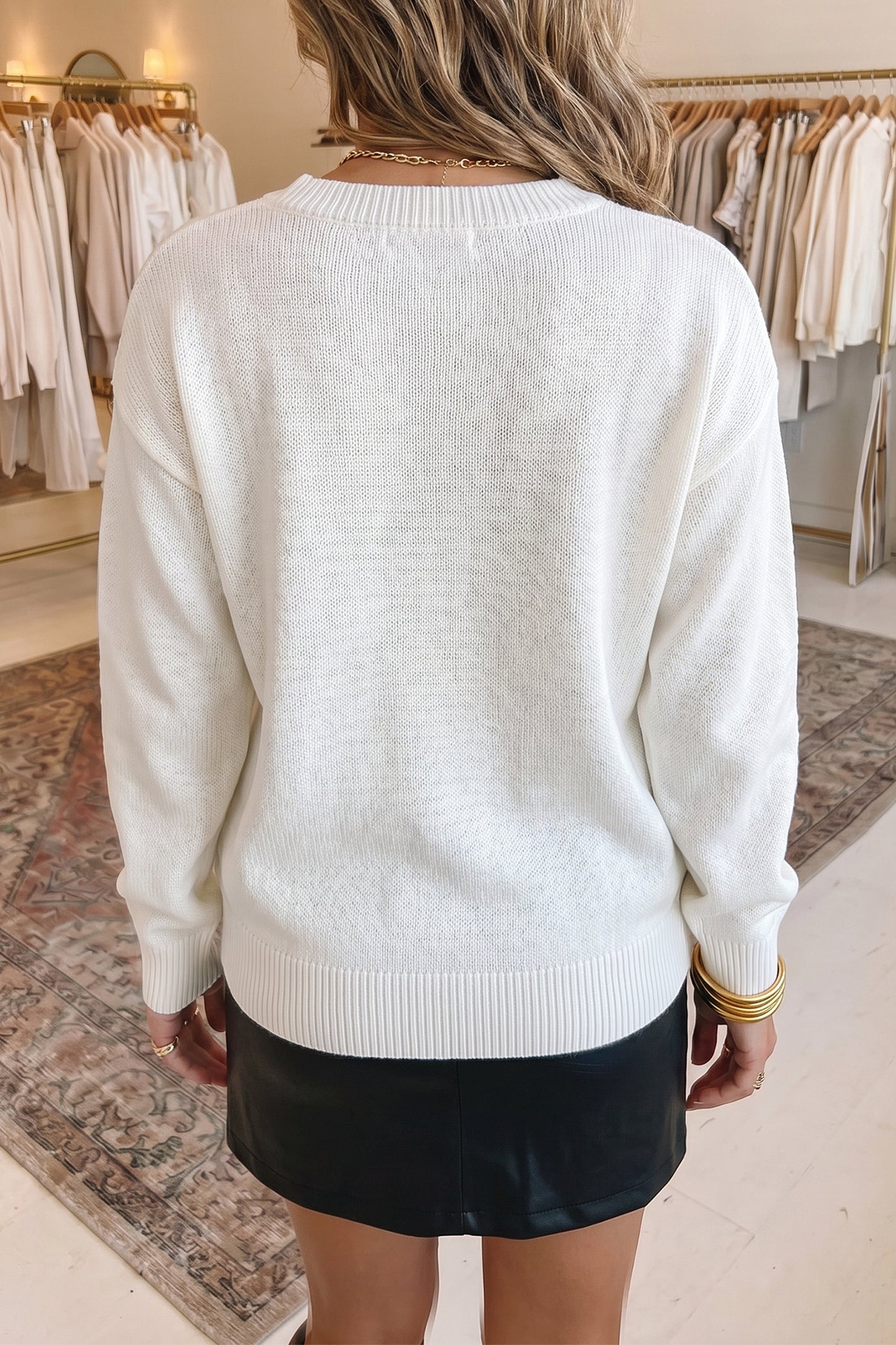 White Drop Shoulder Round Neck Long Sleeve Pullover Sweater