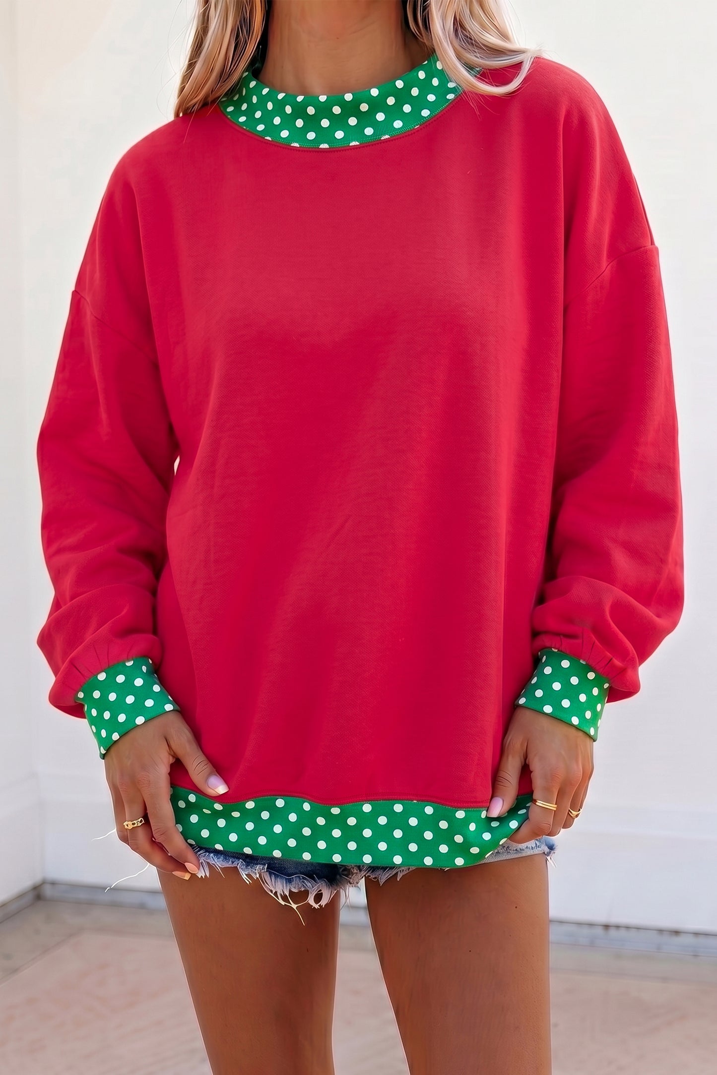 Dirty blue Colorblock Polka Dot Contrast Trim Oversized Sweatshirt