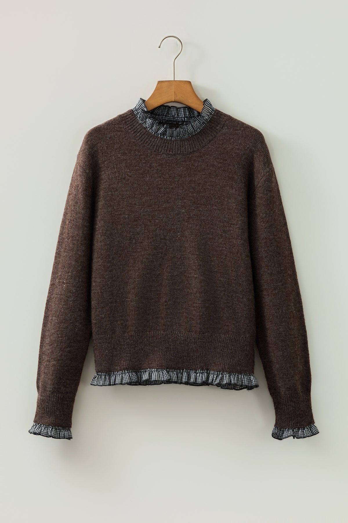 Chicory Coffee Contrast Plaid Ruffle Trim Pullover Sweater
