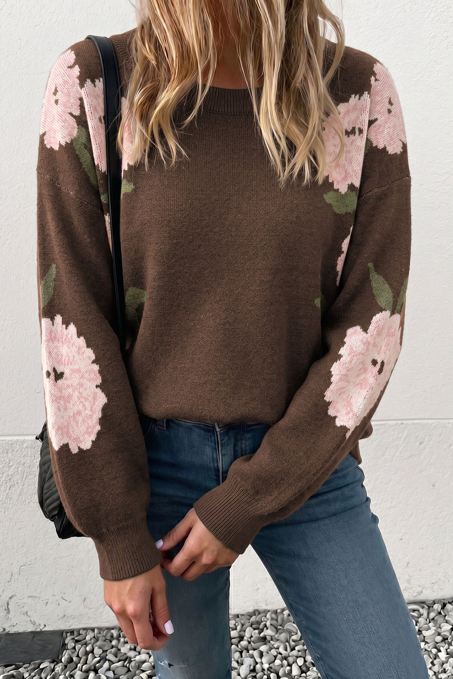 Dark Brown Floral Print Drop Shoulder Relaxed Pullover Sweater