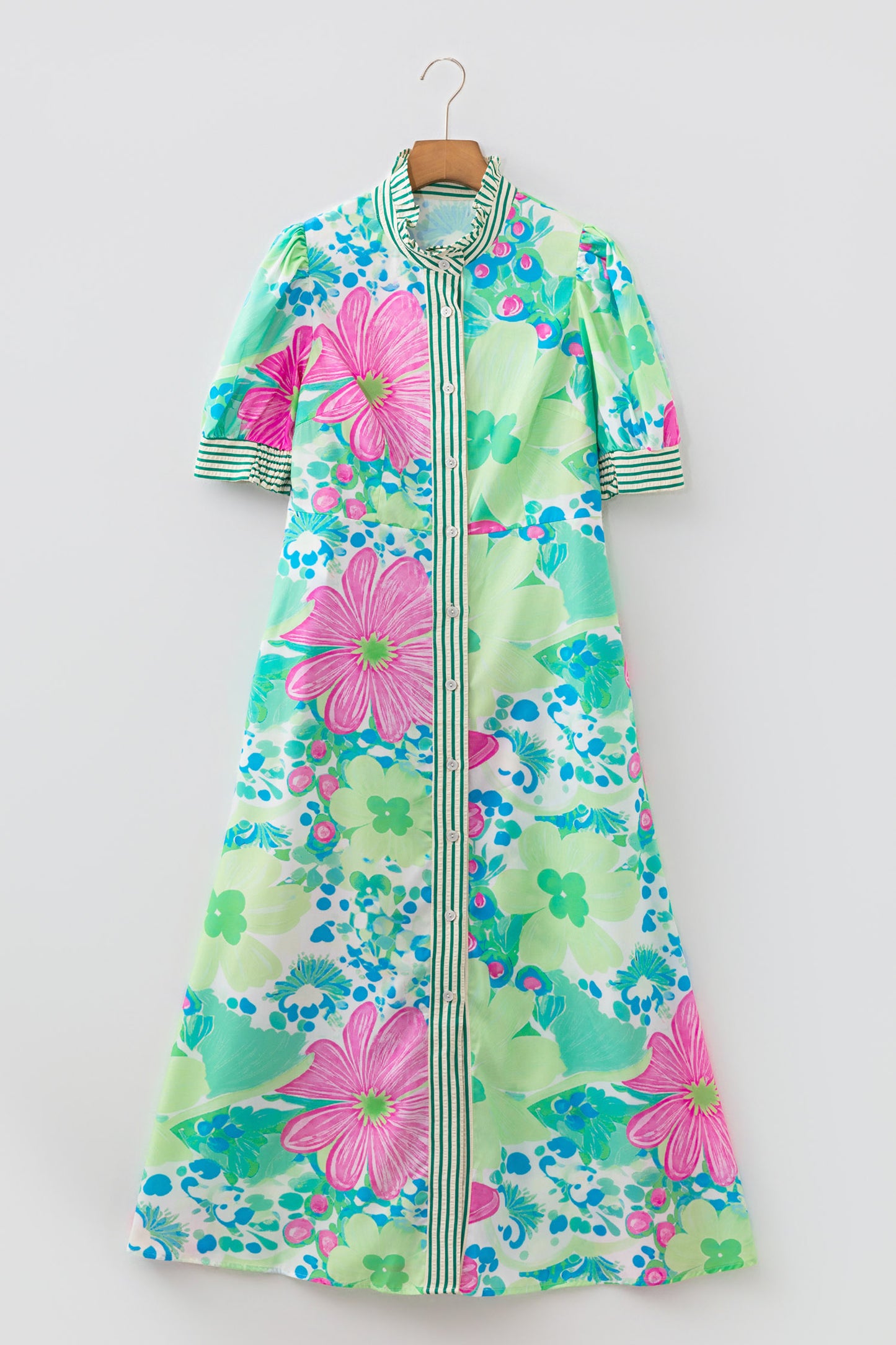 Pink Floral Print Striped Trim Button Down Short Sleeve Vacation Dress